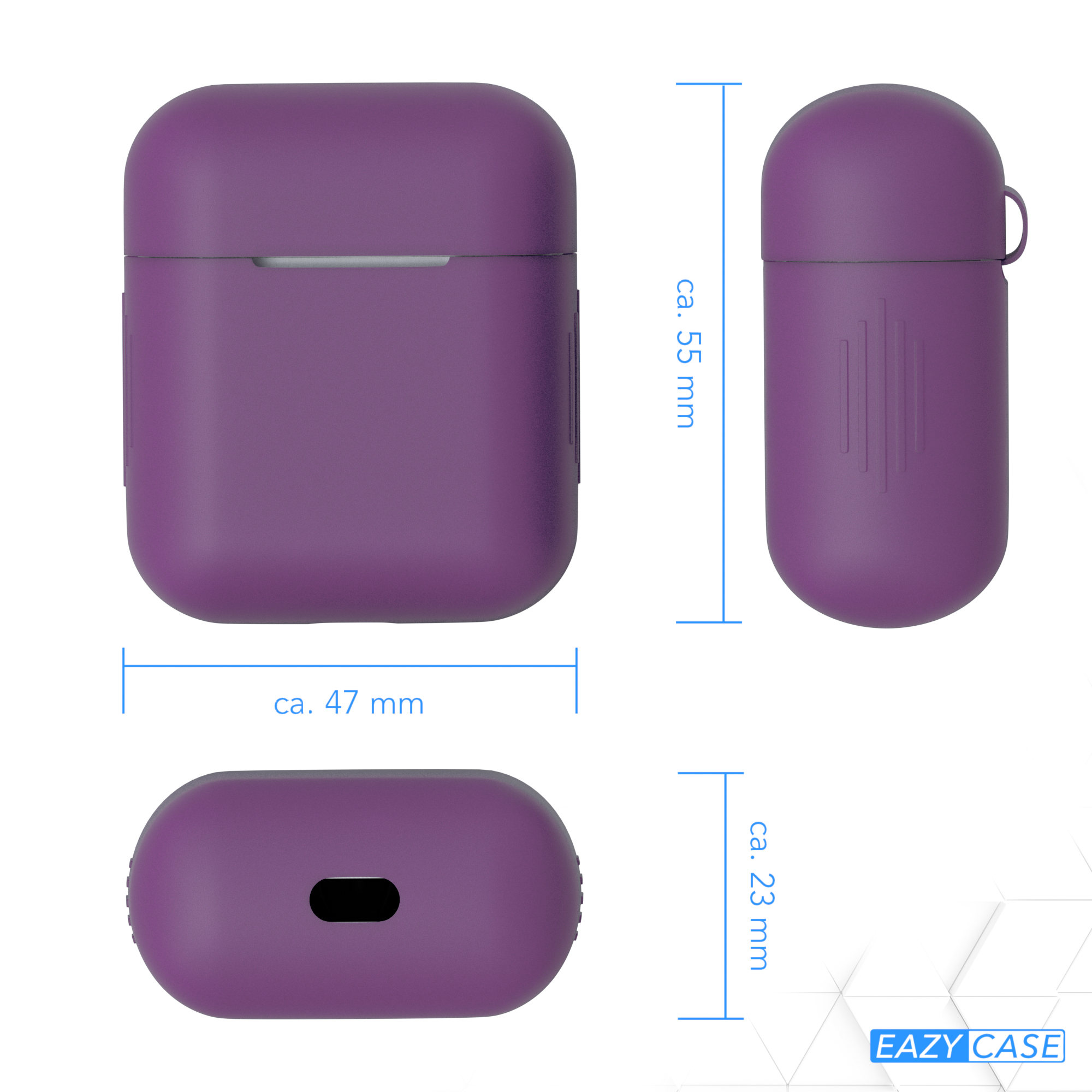 Lila Kopfhörer-Etui mit Maßen, in drei verschiedenen Ansichten.