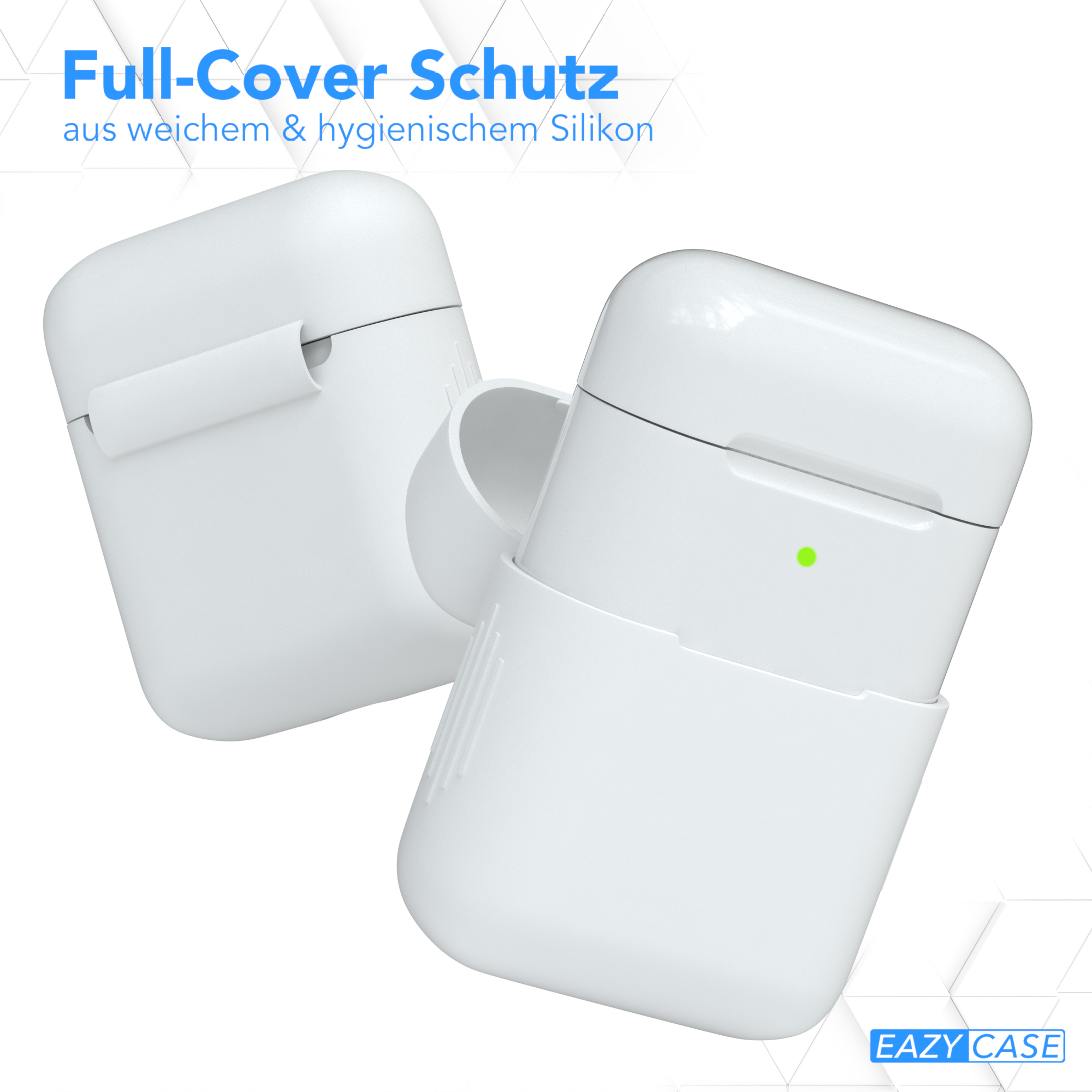 Ohrhörer-Etuis, weiß, offen. Ein Etui offen, grünes Licht. Weißer Hintergrund.