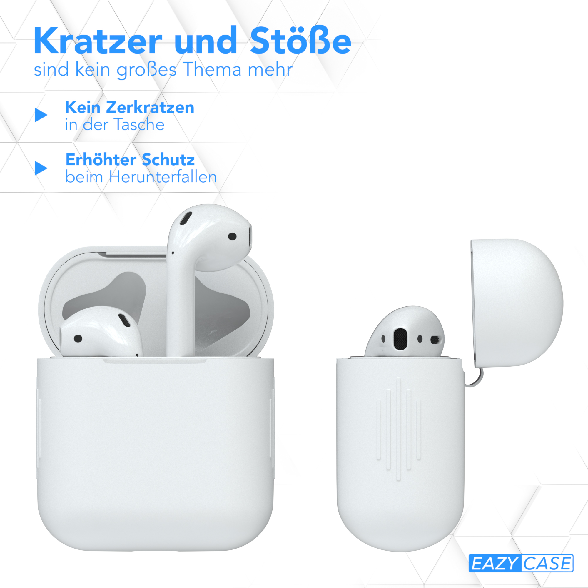 Weiße kabellose Ohrhörer mit Ladecase, Kratz- und Fallschutz darstellend.