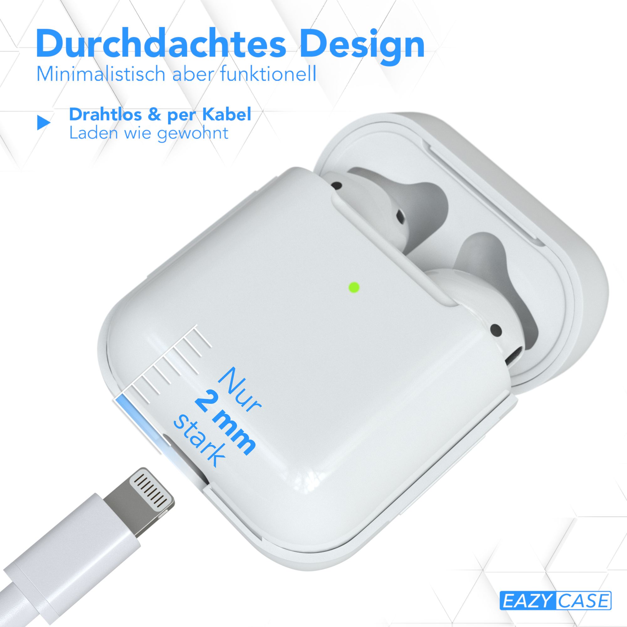 Weißes Ladecase mit Ohrhörern und Ladekabel, Text zeigt 2mm Dicke.