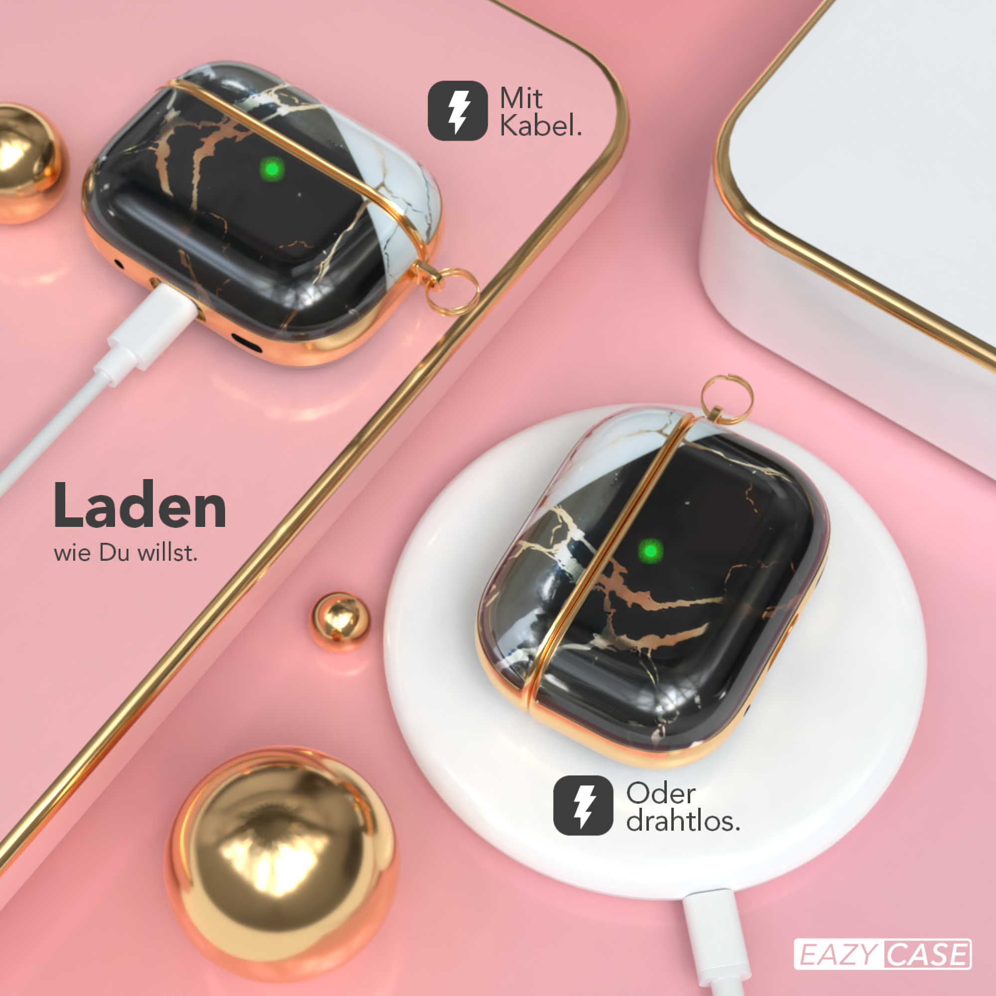 AirPods-Hülle mit Marmormuster, Laden über ein kabelloses Ladegerät und mit Kabel.