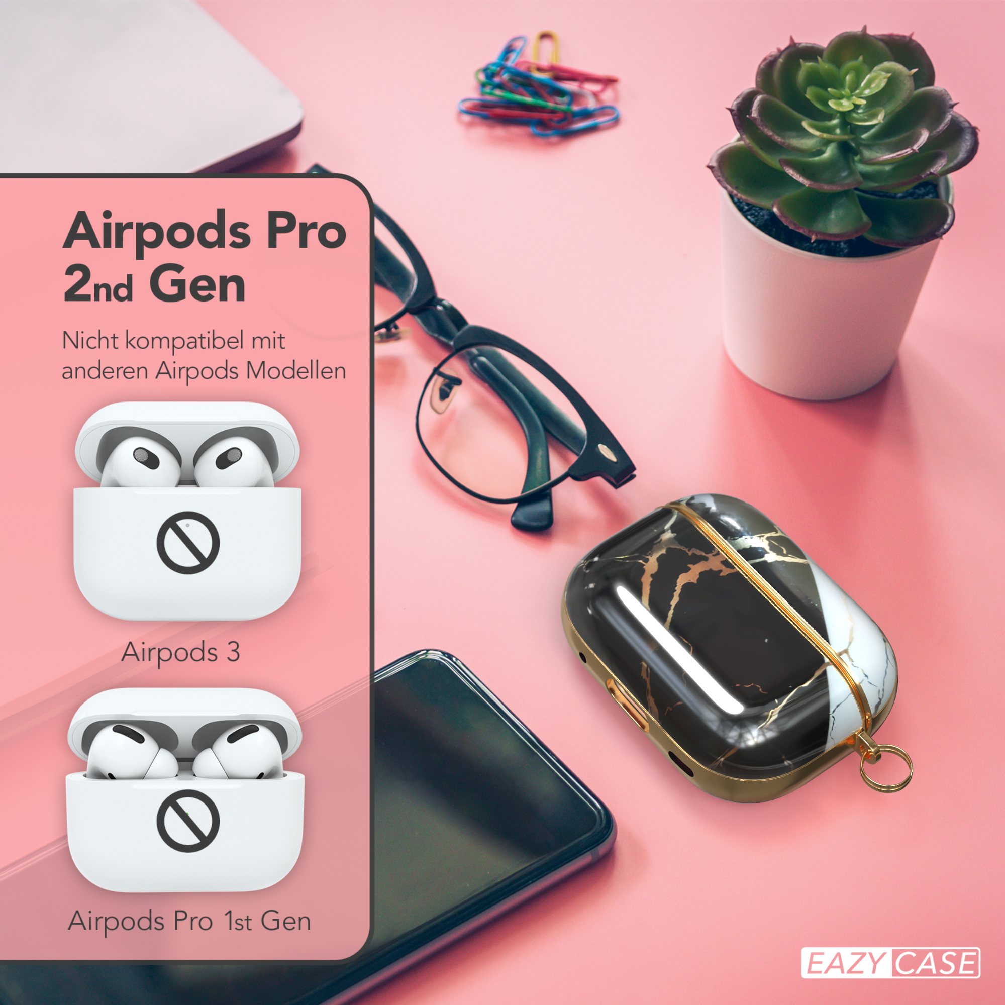 Airpods Pro 2nd Gen und Airpods 3 in weißen Hüllen, mit einem schwarzen iPhone und anderen Artikeln.