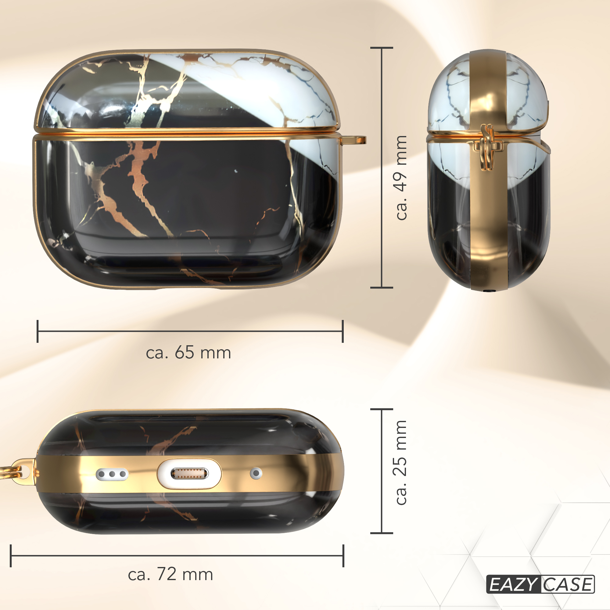 Schwarz-goldene AirPods-Hülle mit Abmessungen und EAZY CASE-Logo.