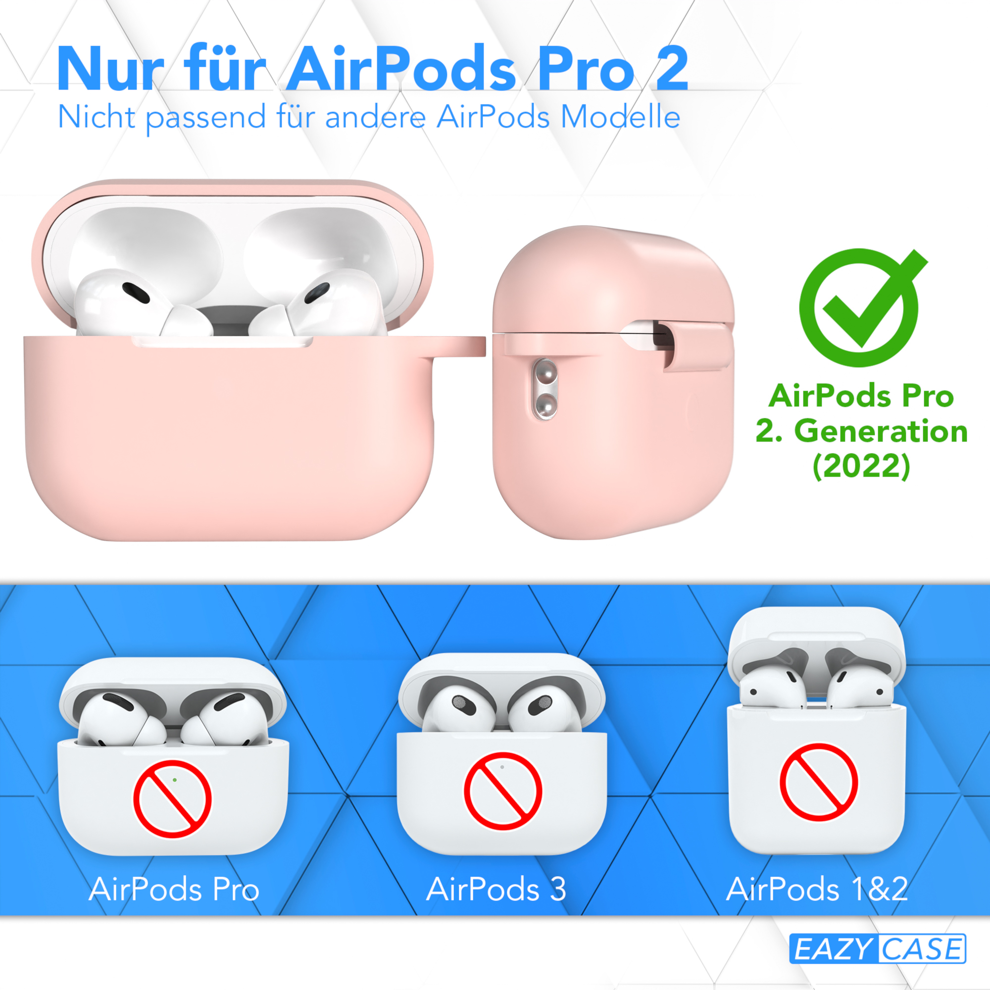 Rosa AirPods Pro 2 Ladecase neben anderen AirPods-Versionen. Weißer Hintergrund mit Text.