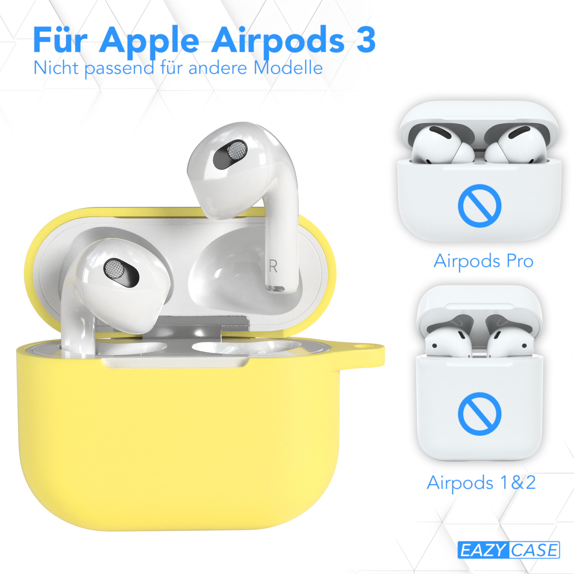 Gelbes Case für AirPods 3, mit Illustrationen verschiedener AirPod-Modelle.