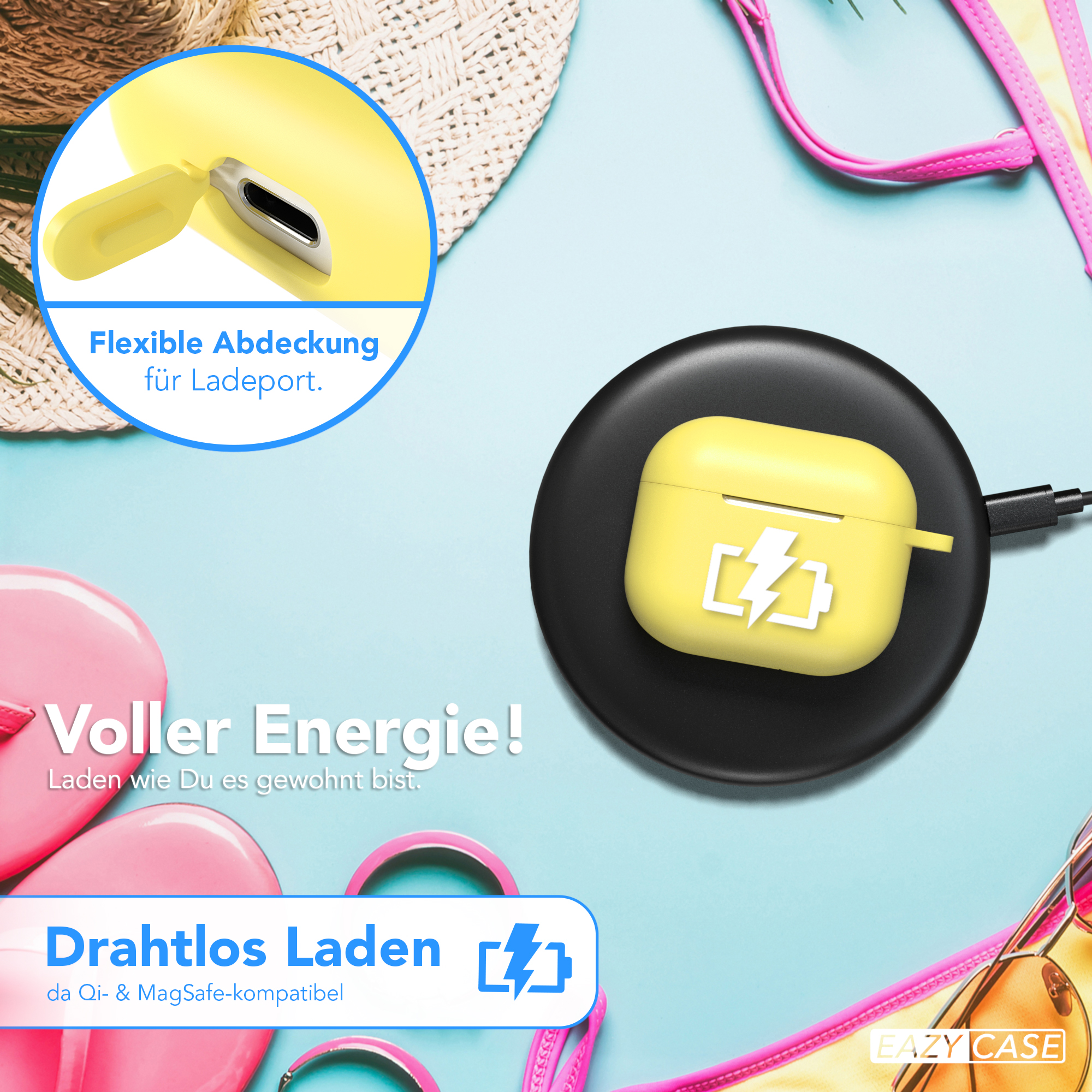 Gelbes AirPods-Case auf schwarzem kabellosen Ladegerät, lädt neben Bikini und Accessoires.
