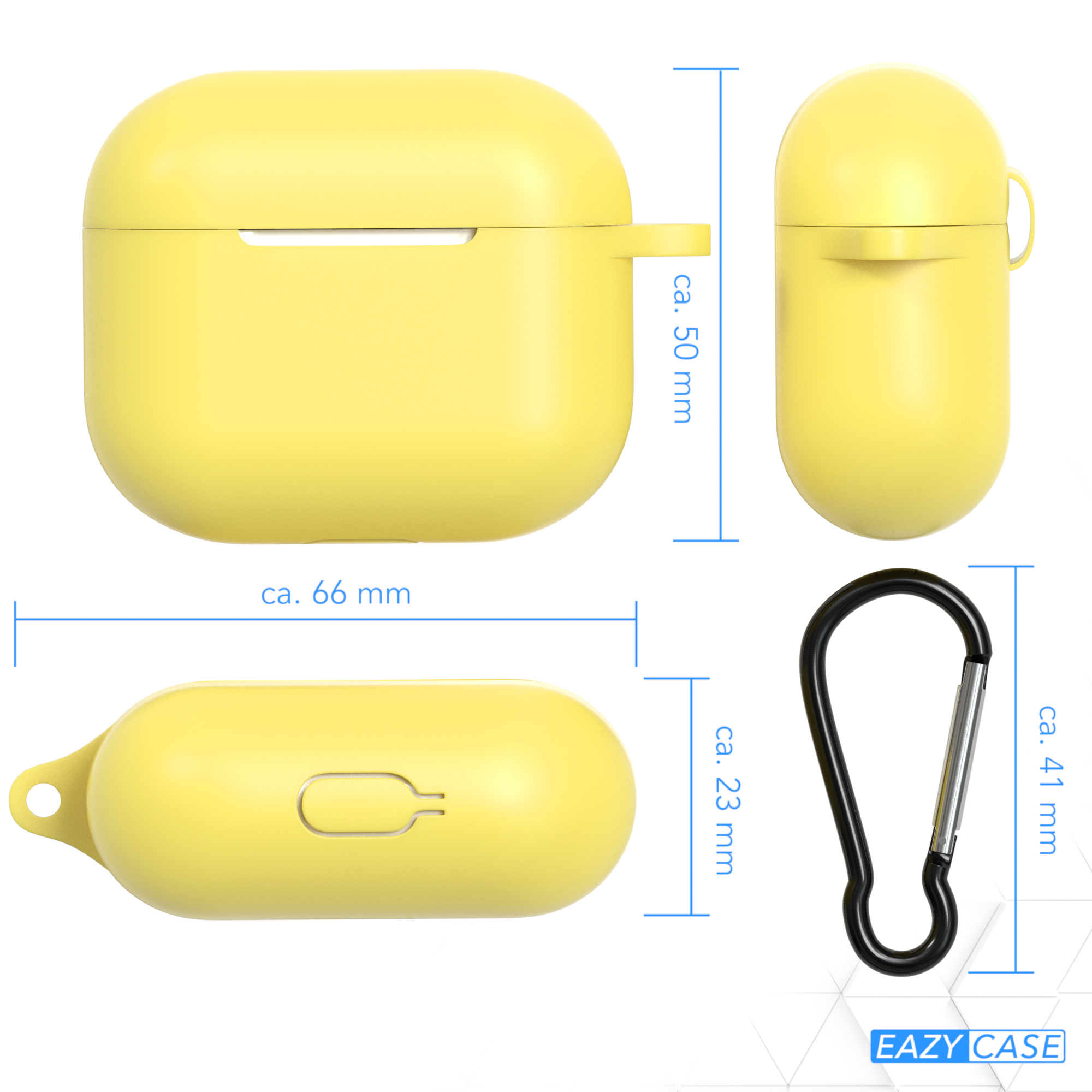 Gelbe Schutzhülle für AirPods, mit Abmessungen und einem Karabinerhaken.
