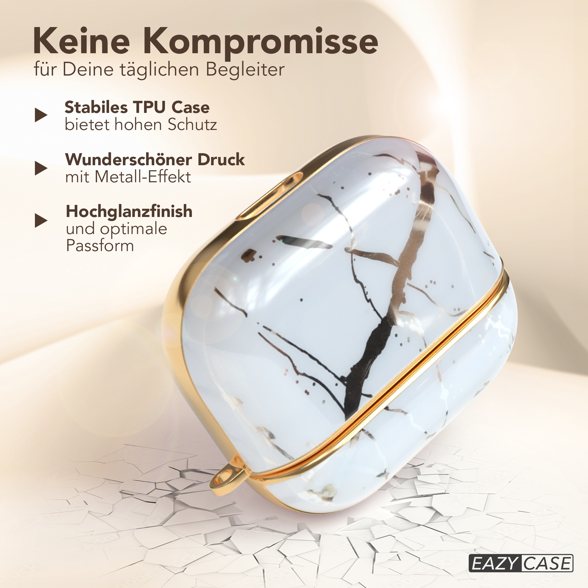 Weißes AirPods-Etui mit Marmormuster und goldenem Rand. Text auf Deutsch und EAZY CASE-Logo.