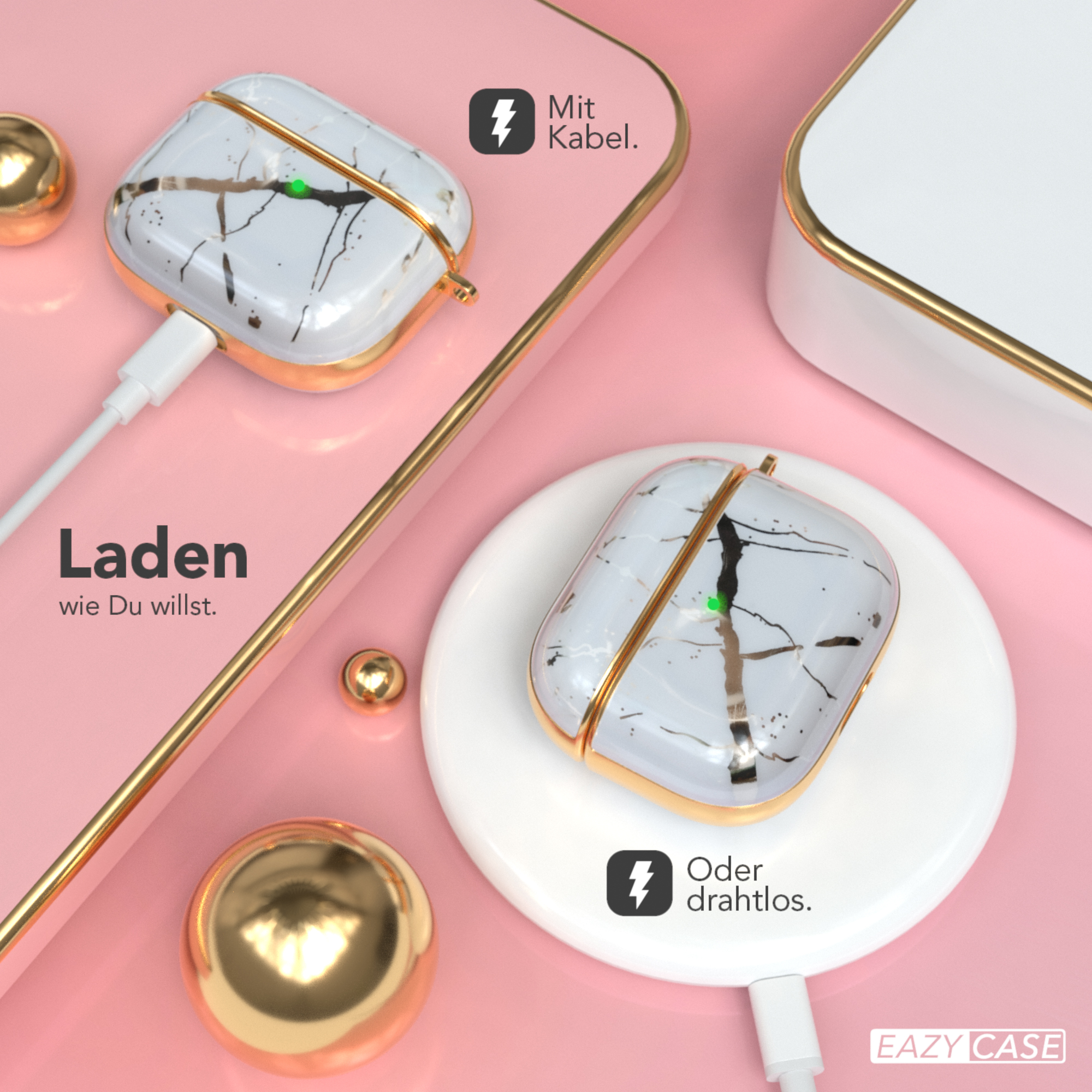 Zwei kabellose Ladehüllen mit Marmordesign, goldenen Akzenten, auf rosa Hintergrund.