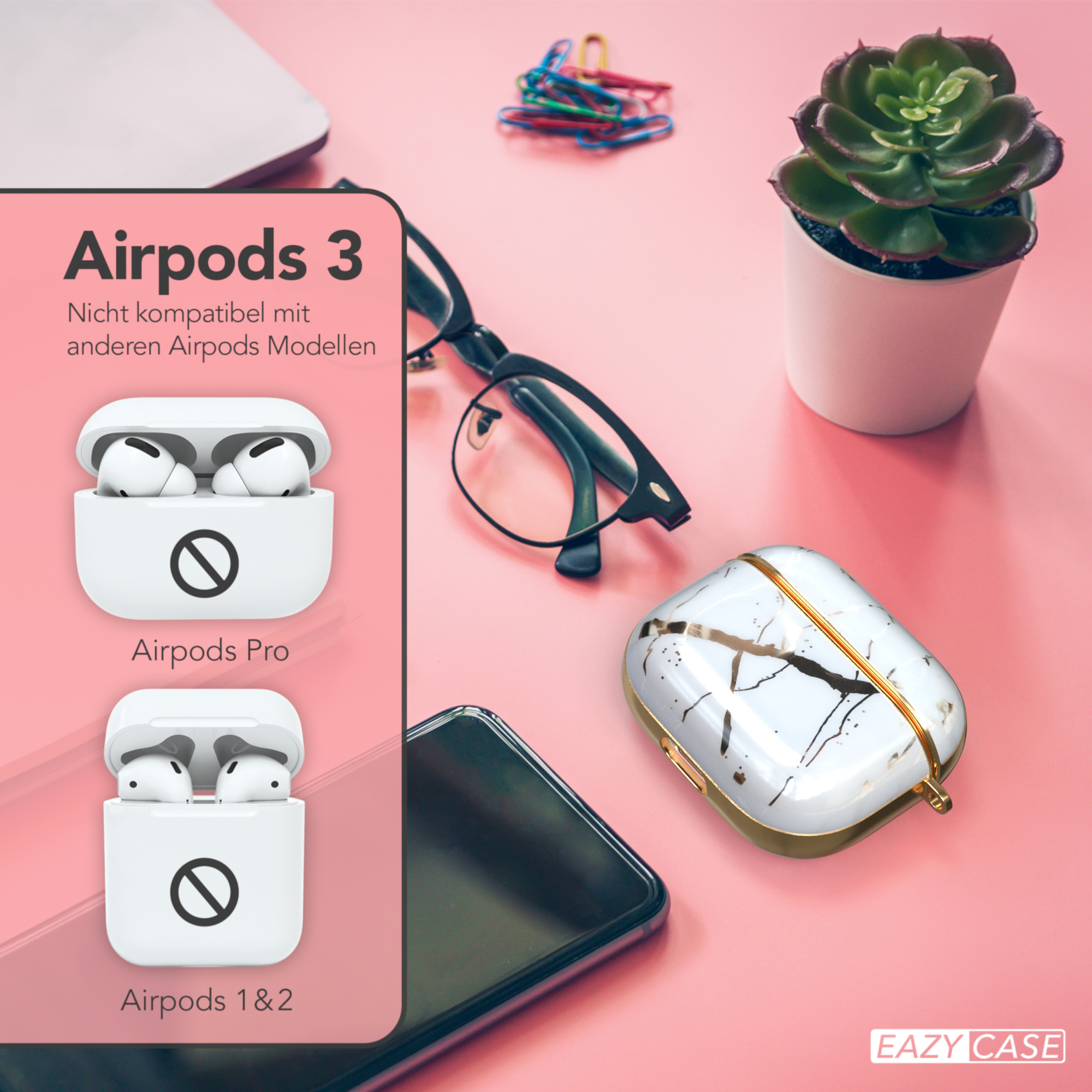Bild von AirPods und Hüllen. AirPods Pro und 1 & 2 werden mit einem Verbotszeichen gezeigt. AirPods 3 nicht kompatibel.