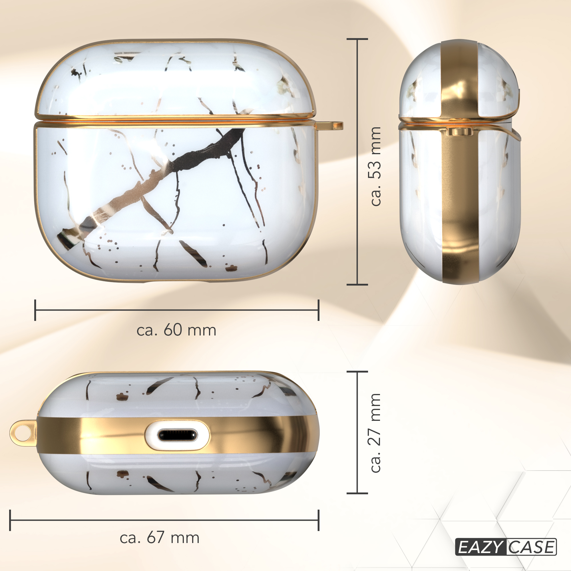 Weißes und goldfarbenes AirPod-Etui mit Muster, mit Maßangaben an der Seite.