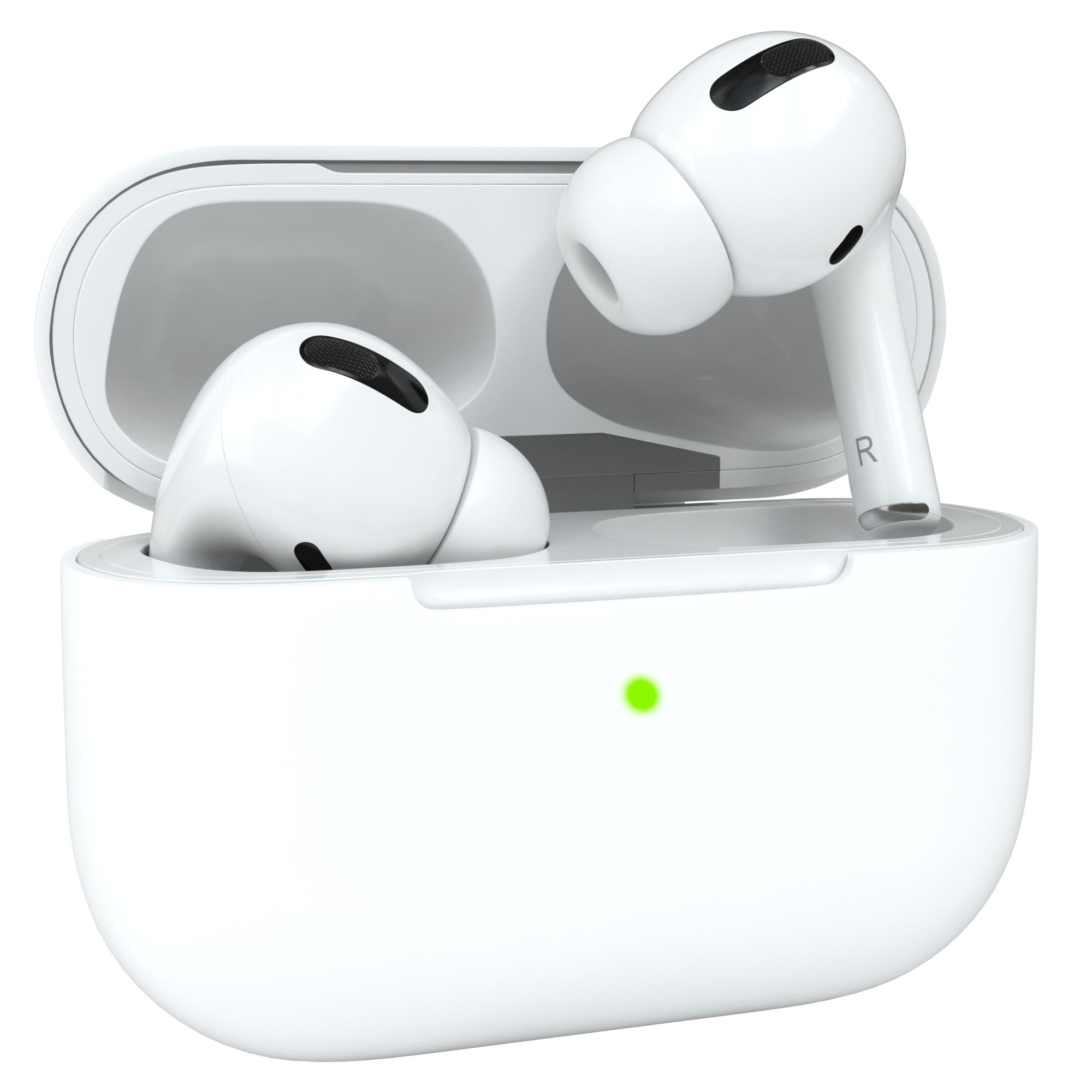 Weißes AirPods-Case mit weißen AirPods darin. Das Case ist geöffnet.