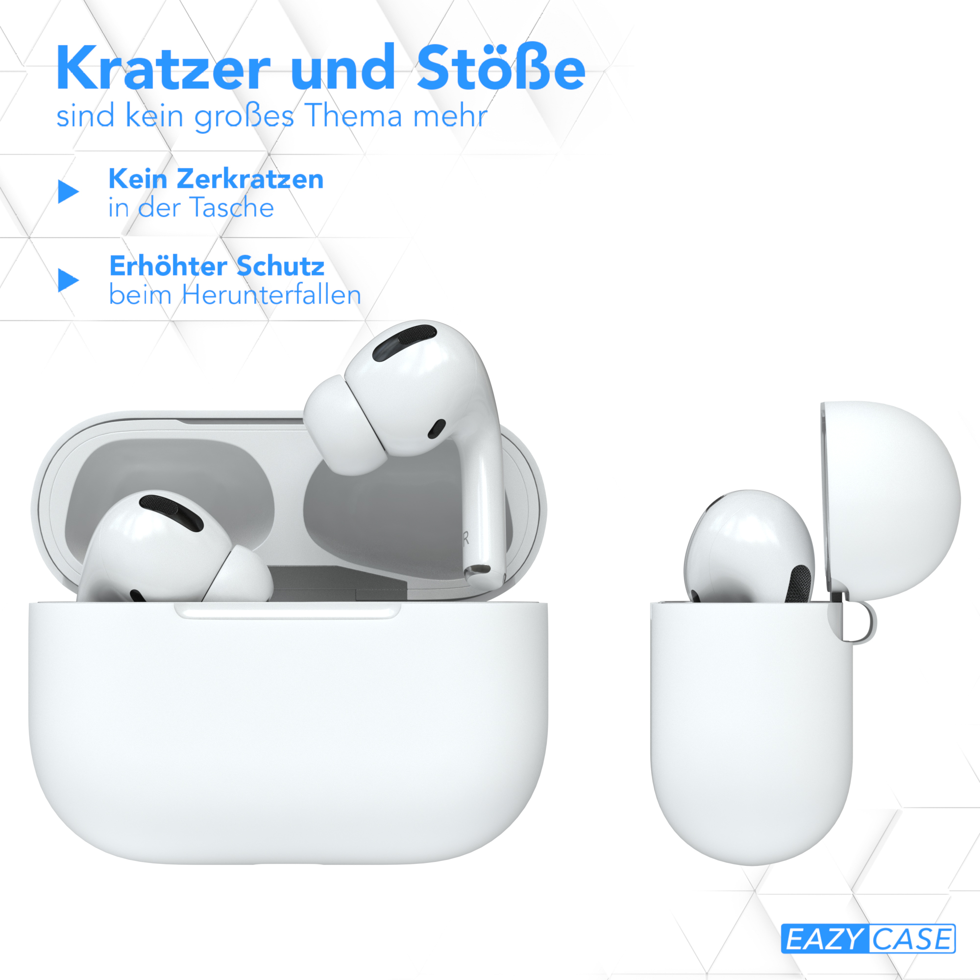 Weiße AirPods in geöffneten und geschlossenen Hüllen. Text weist auf Kratz- und Aufprallschutz hin.