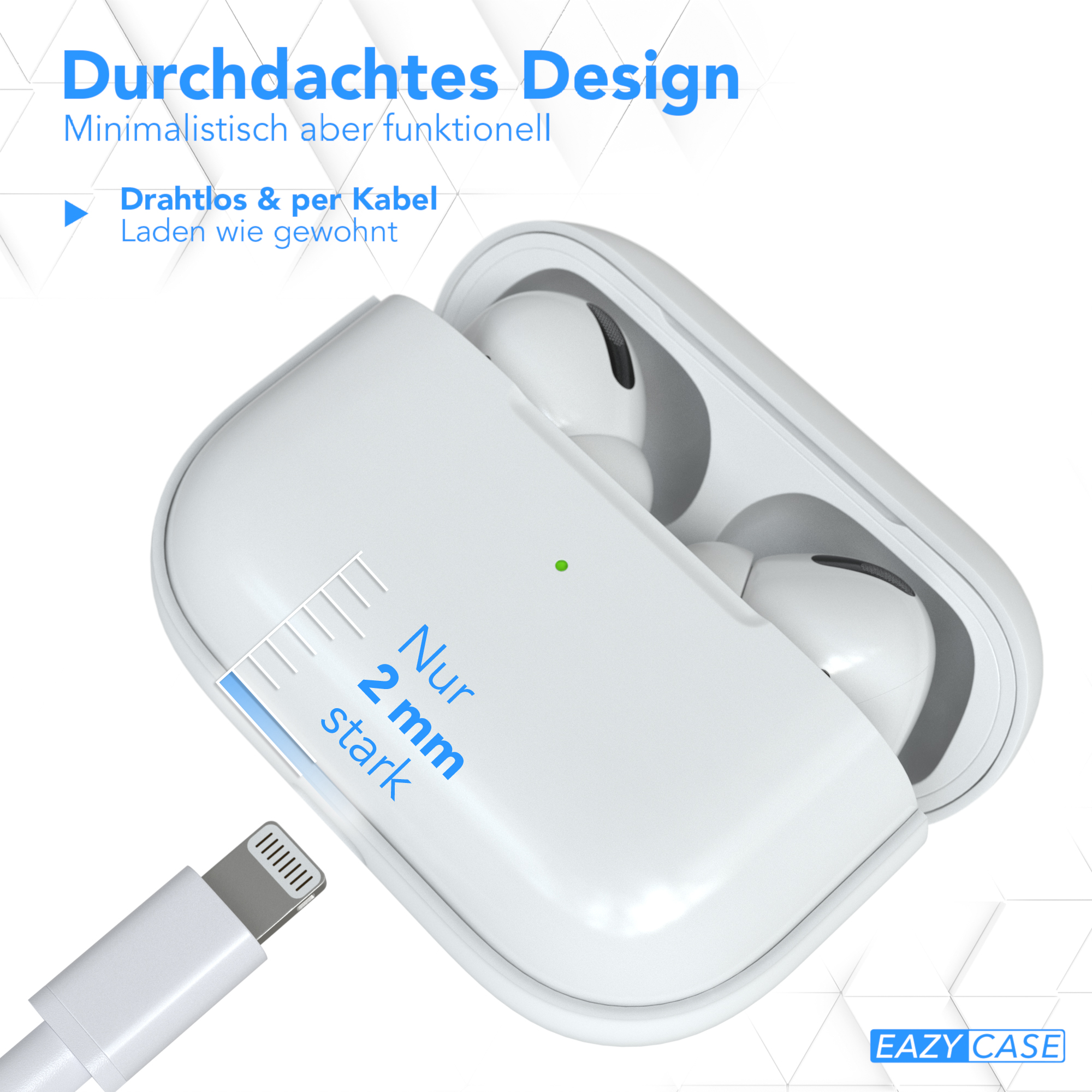 Weißes Etui mit Ohrhörern, geöffnetem Etui und Lightning-Kabel, mit Text. Weißer Hintergrund.