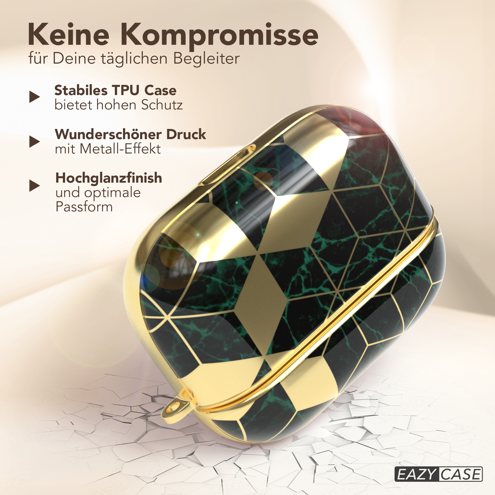 Eine gold-grüne gemusterte Handyhülle auf weißem Untergrund mit Logo.
