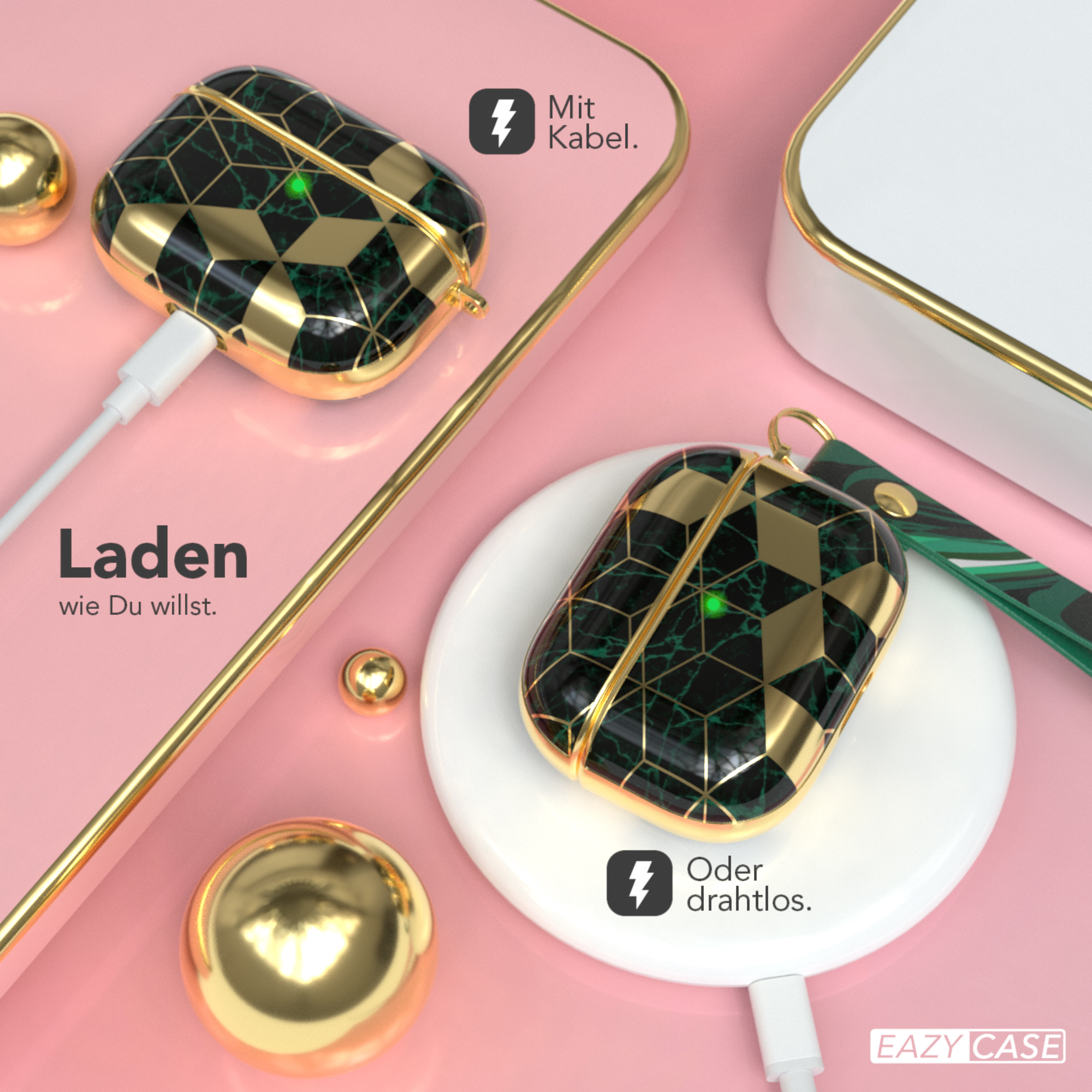 Das Bild zeigt eine Ladestation mit gemusterter Hülle und AirPods, mit goldenen Kugeln.