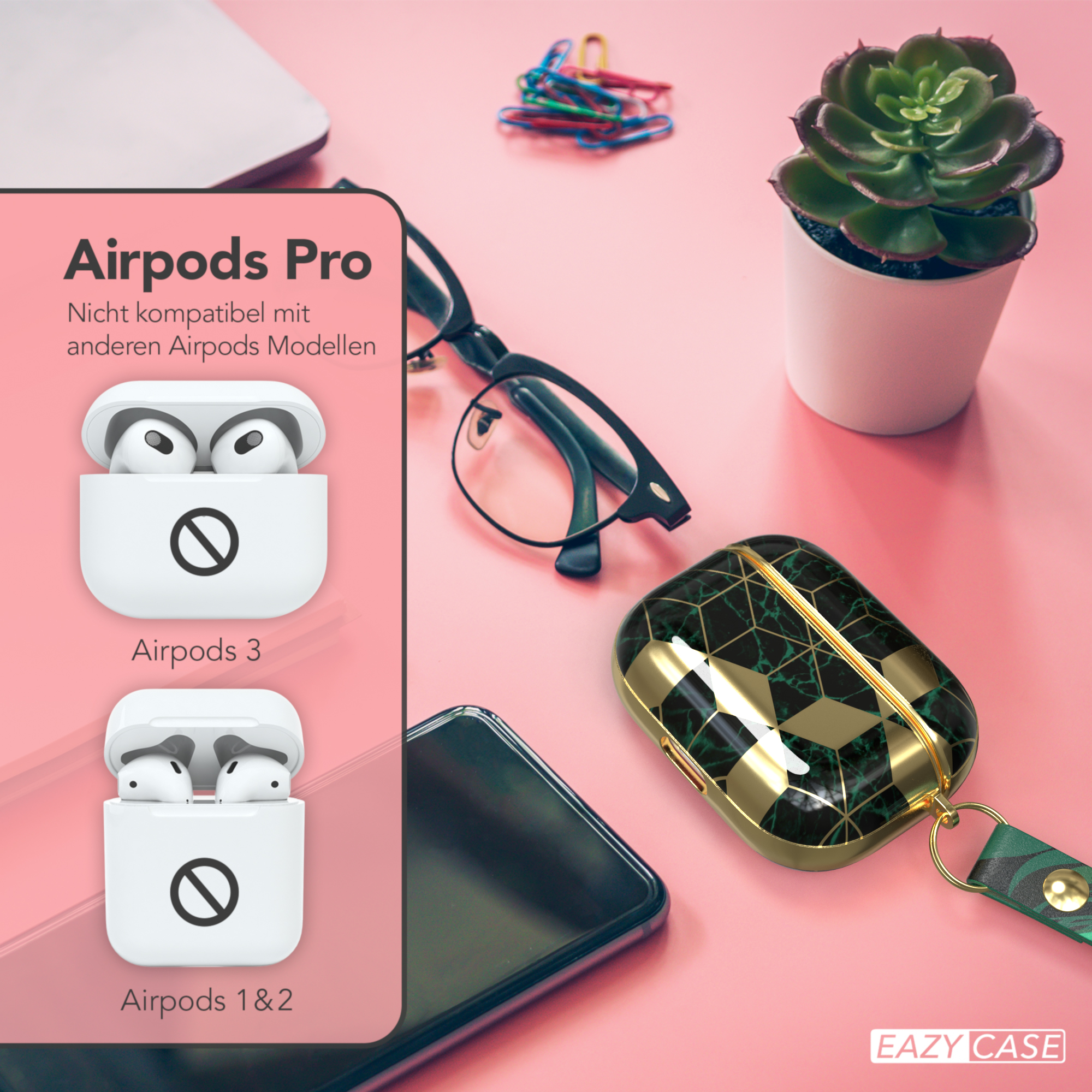 AirPods Pro Hülle, zwei weitere Hüllen und Zubehör. Text: 'Airpods Pro'.