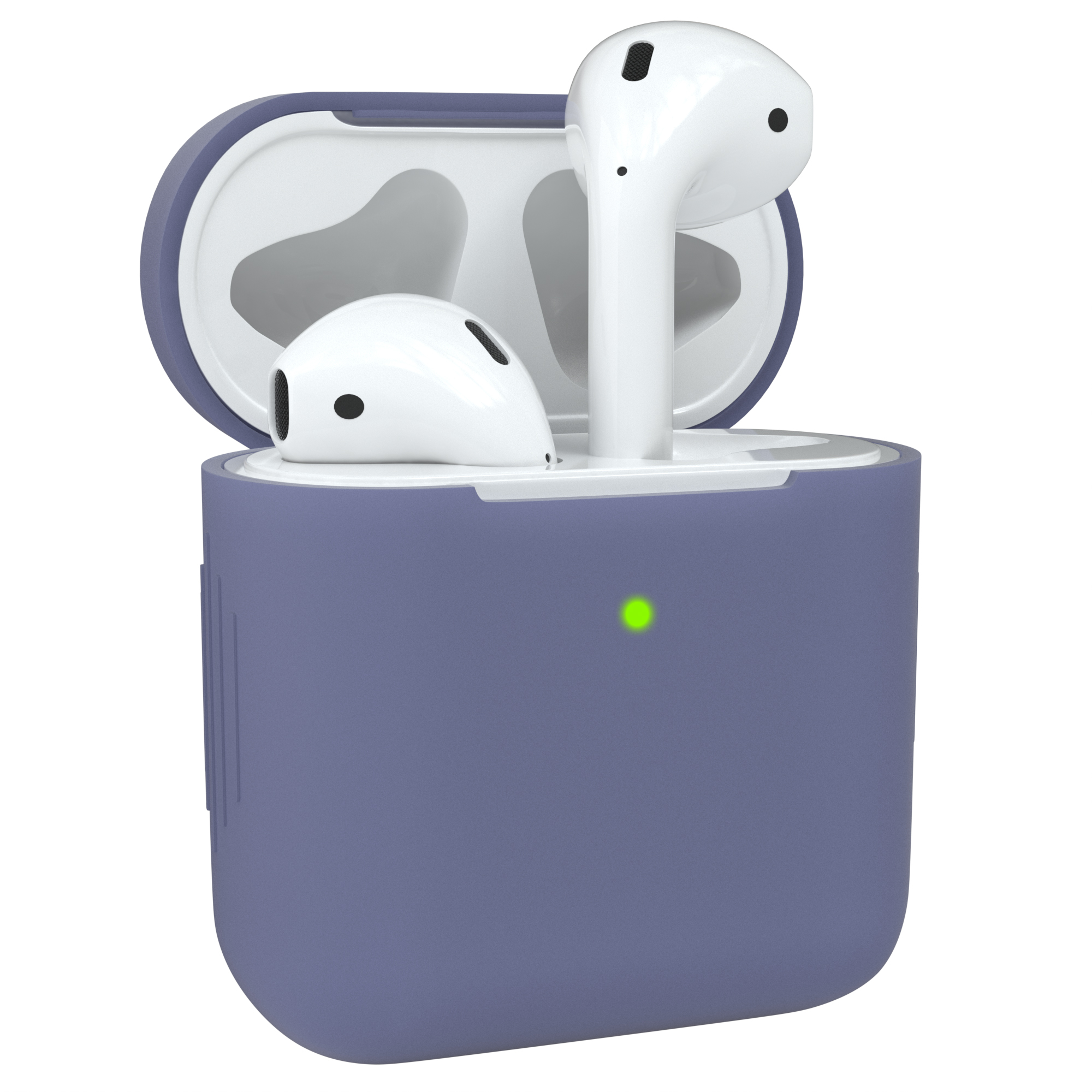 Lila Hülle mit weißen AirPods. Die Hülle ist offen und hat ein grünes Licht. AirPods sind weiß.