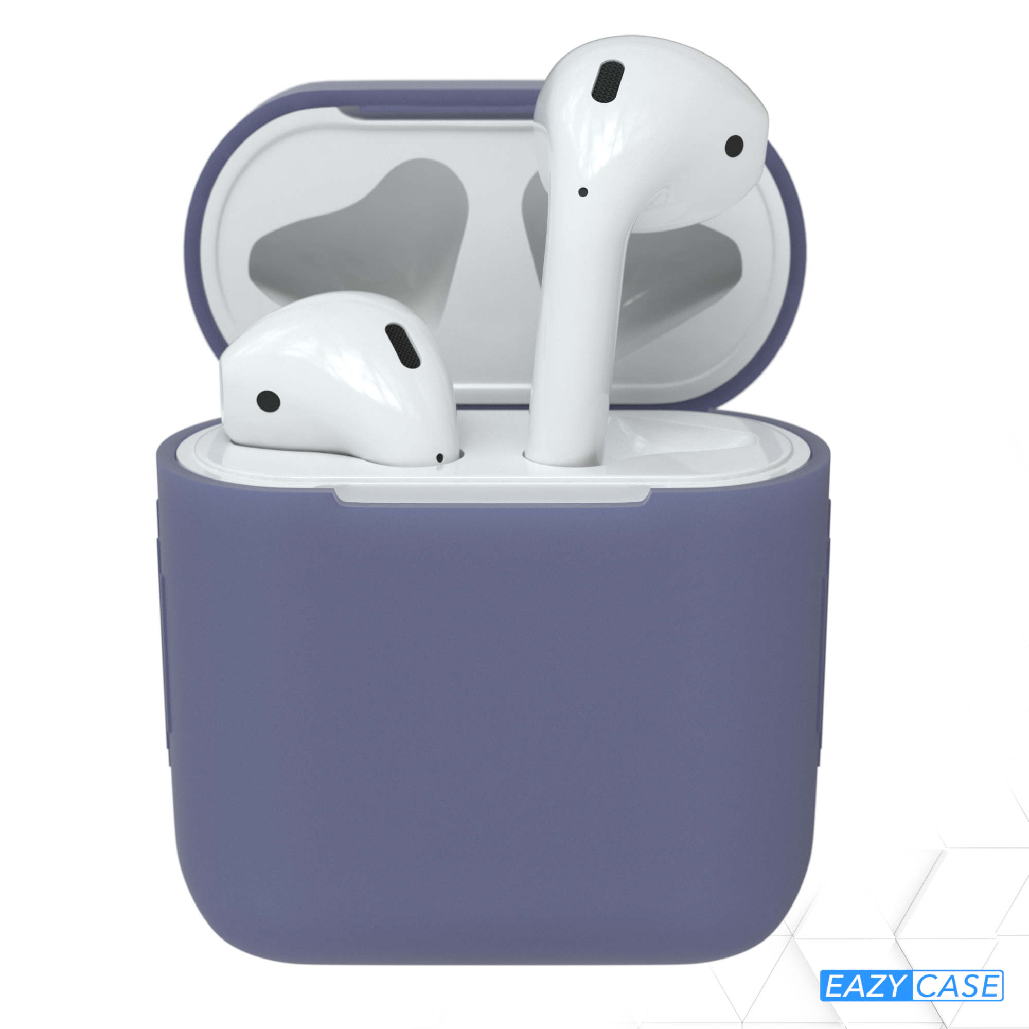 AirPods in blauem Case, Case geöffnet, Ohrhörer sichtbar.
