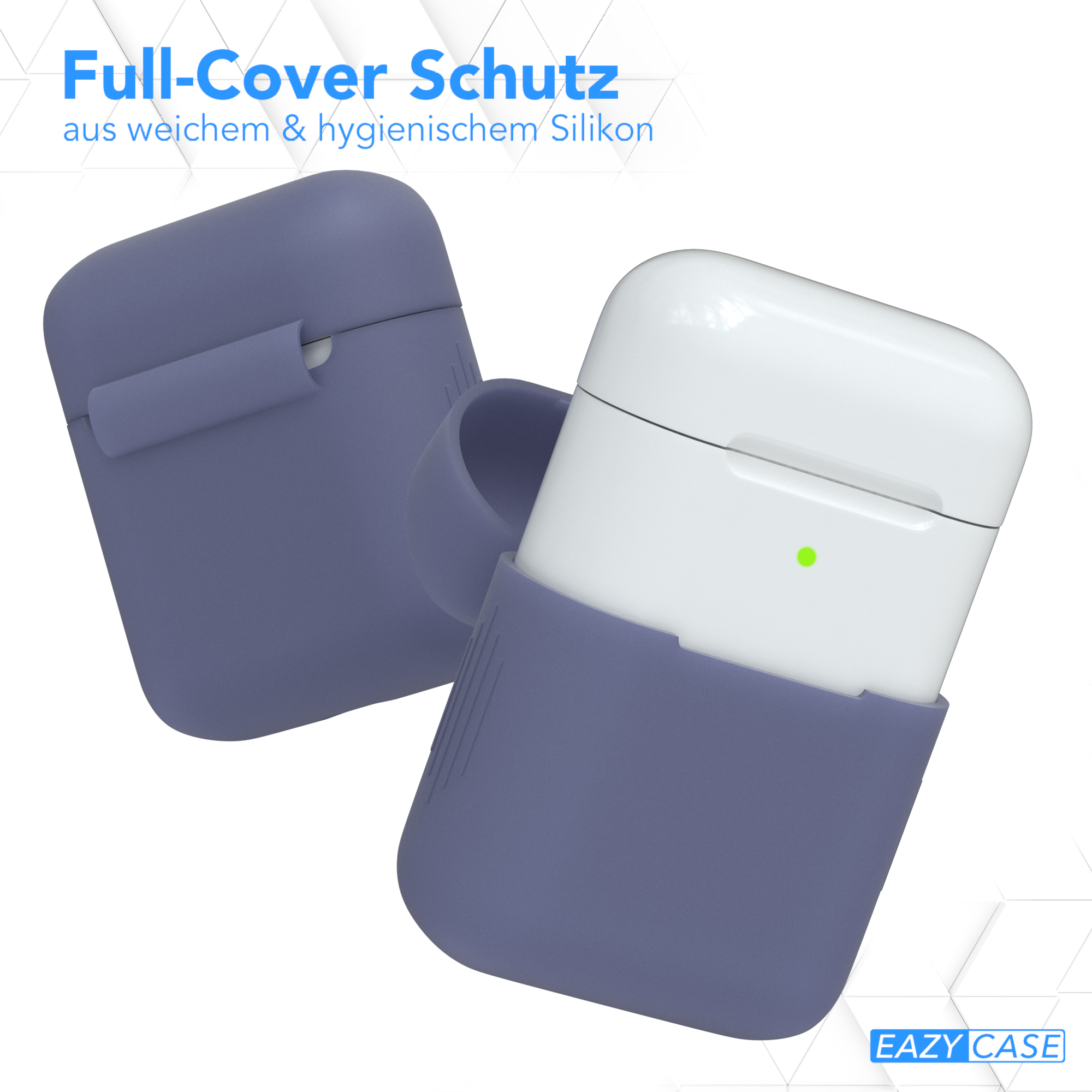 Blaue AirPod-Hülle mit weißen AirPods. Die Hülle ist geöffnet, das Logo ist sichtbar.