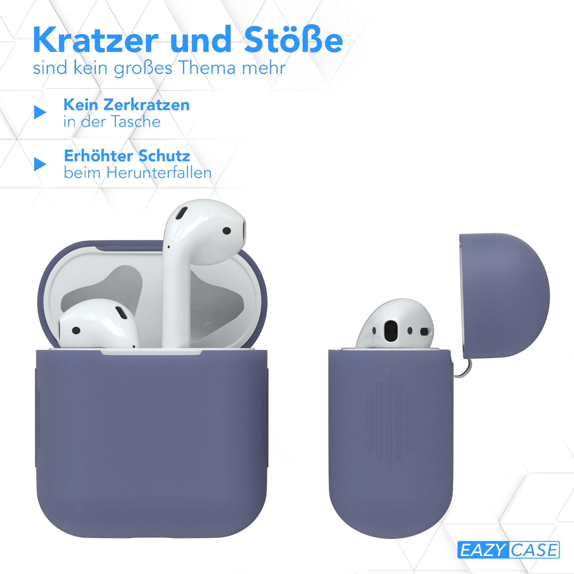 Lila AirPods-Etui offen und geschlossen mit Text. Schutz und Design zeigend.