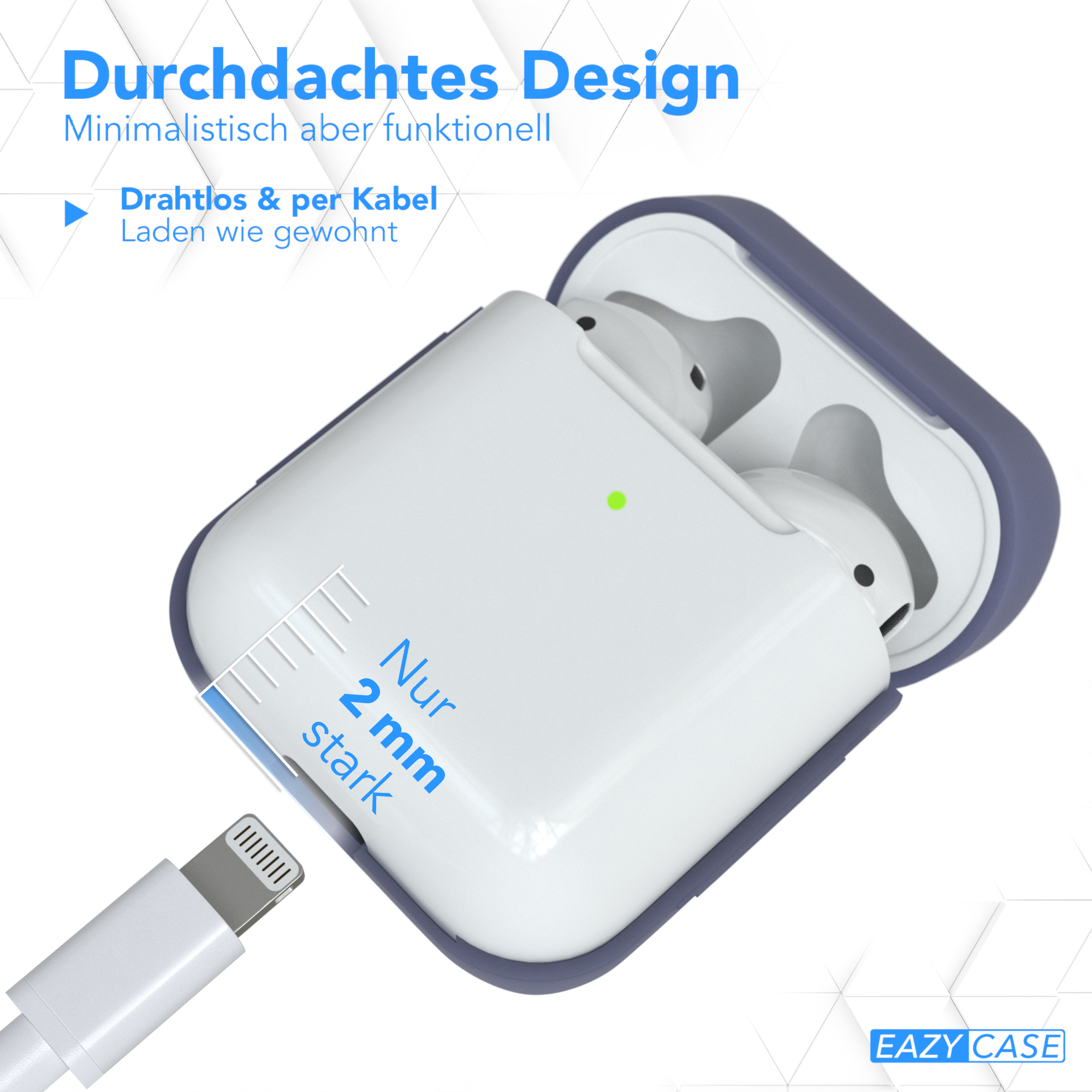 Weiße Ohrhörer in einem Etui mit Ladekabel. Text: 'Nur 2 mm stark'.