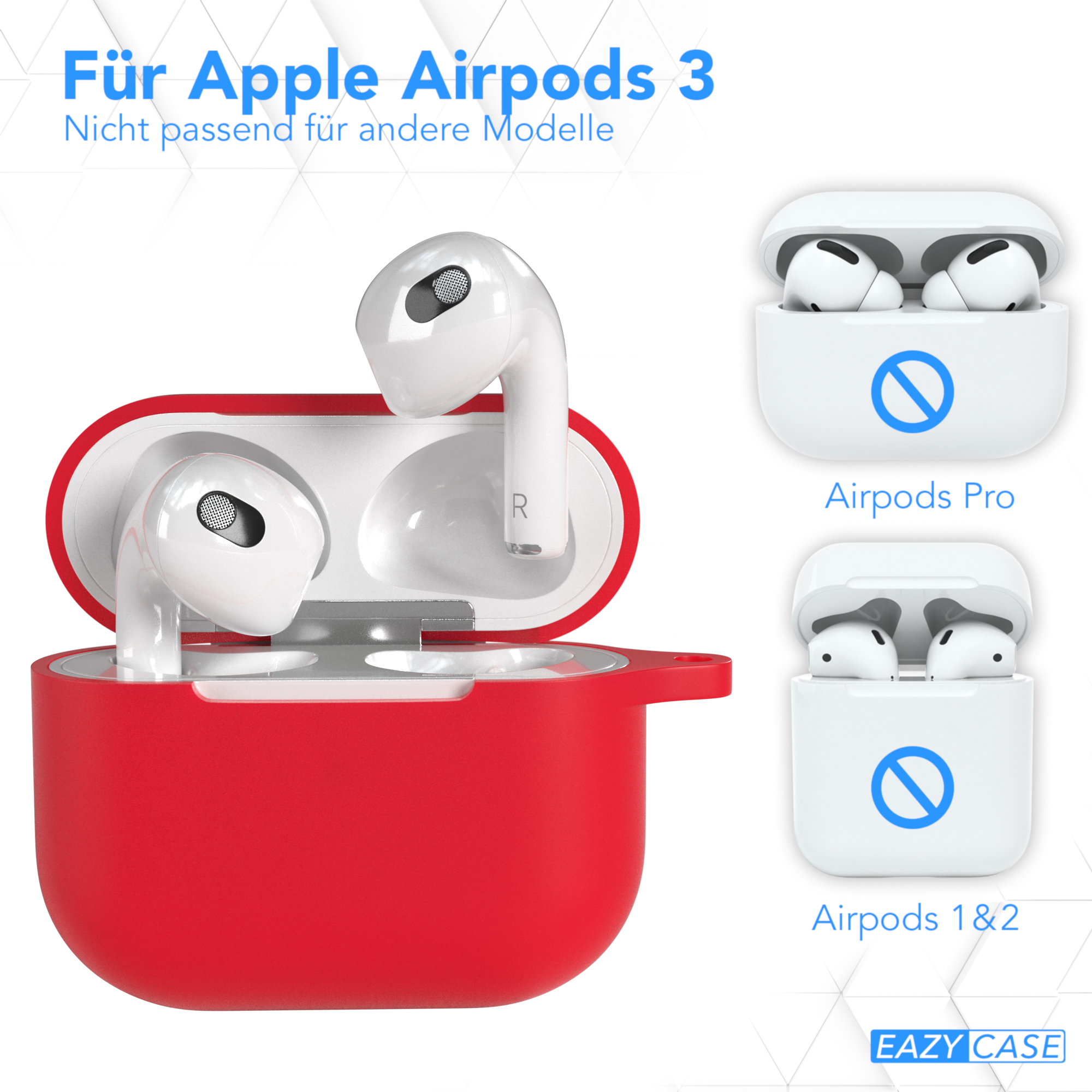 Rotes AirPods 3-Etui mit AirPods im Inneren und zwei weitere AirPods-Etui-Beispiele.