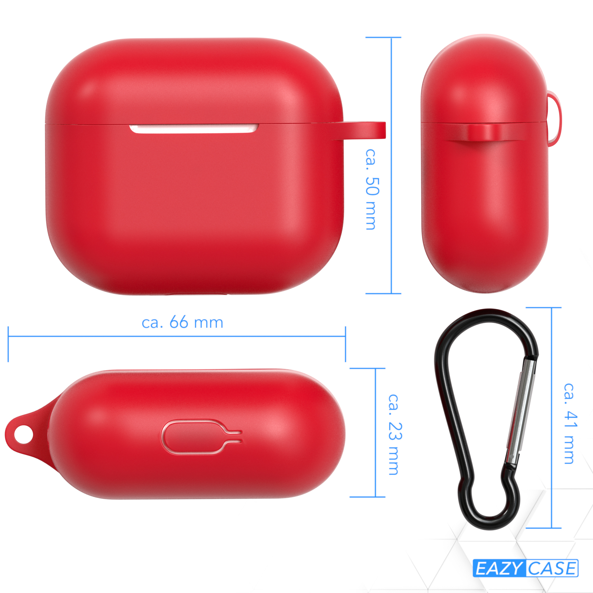 Rotes Kopfhörer-Etui mit Abmessungen. Es wird aus verschiedenen Winkeln gezeigt, mit Maßen in Millimetern.