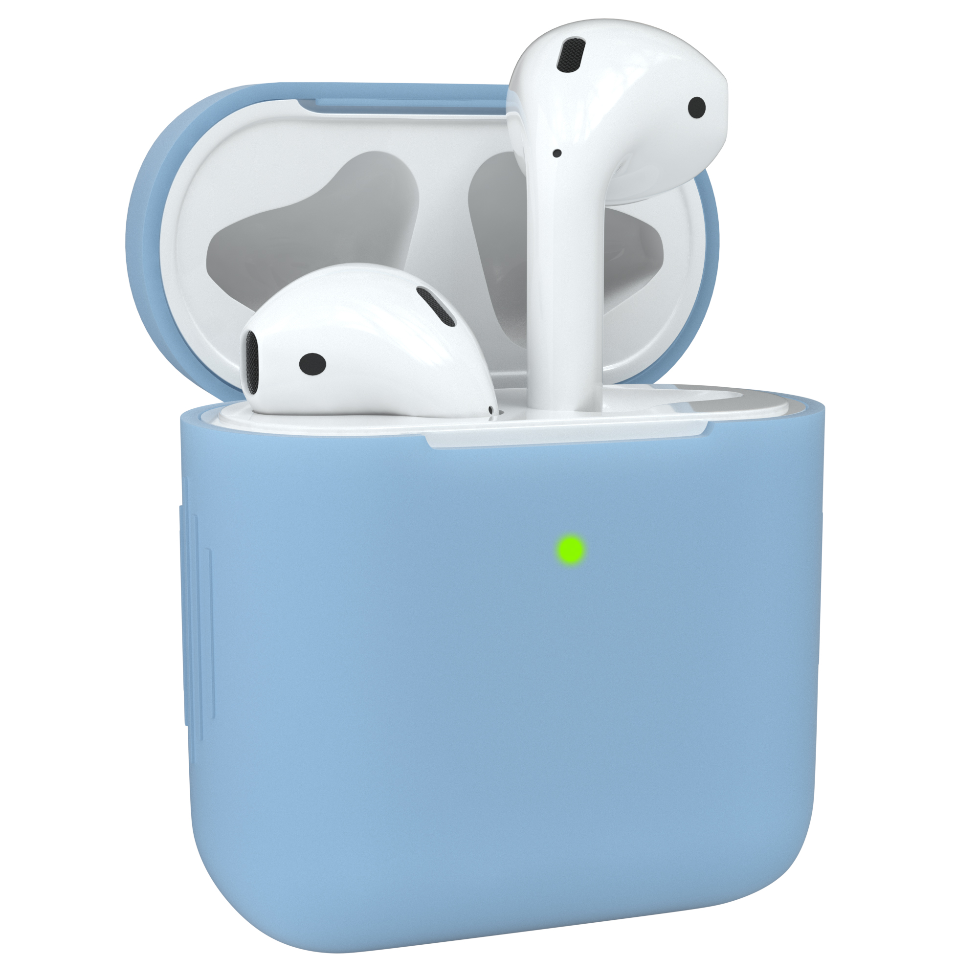 Ein blaues AirPods-Etui mit zwei weißen AirPods. Ein grünes Licht leuchtet am Etui.