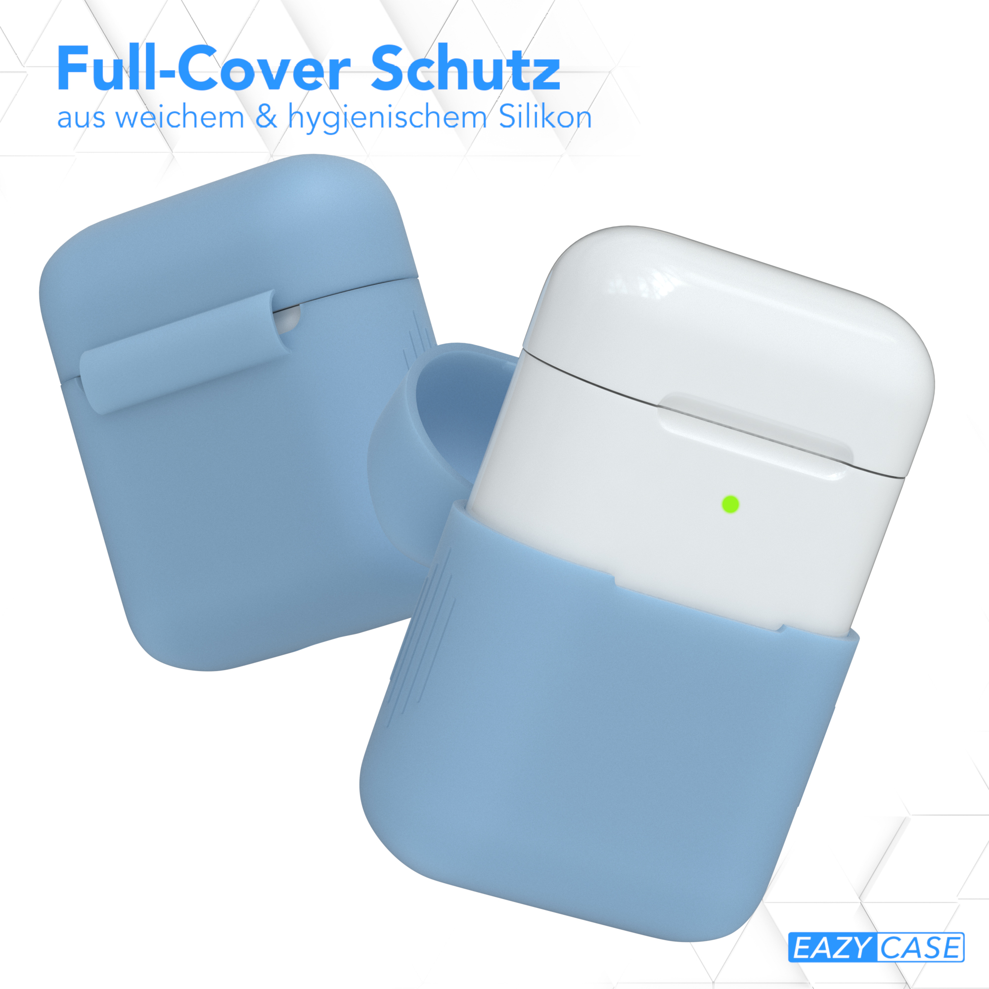 Zwei hellblaue AirPods-Hüllen, eine offen mit einem AirPod darin, mit Text.