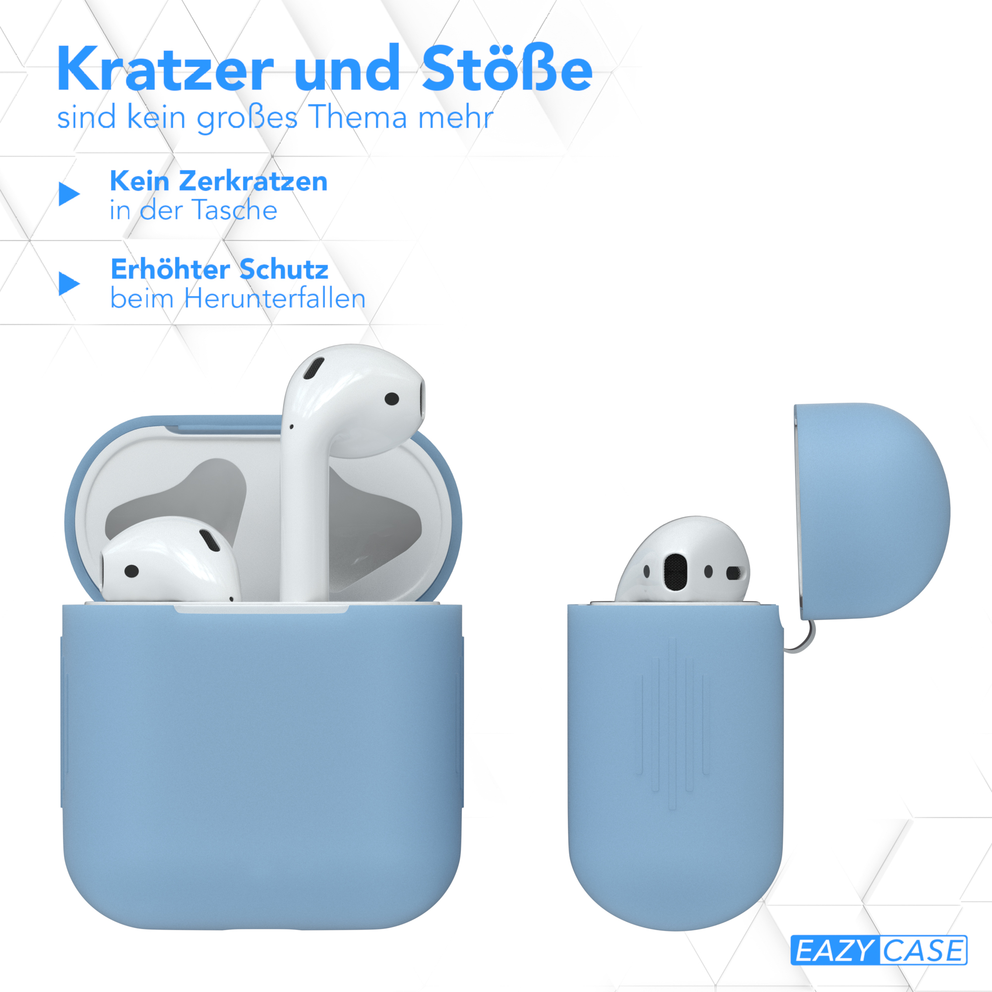Ohrhörer in hellblauer Hülle, mit Text über Kratz- und Fallschutz.