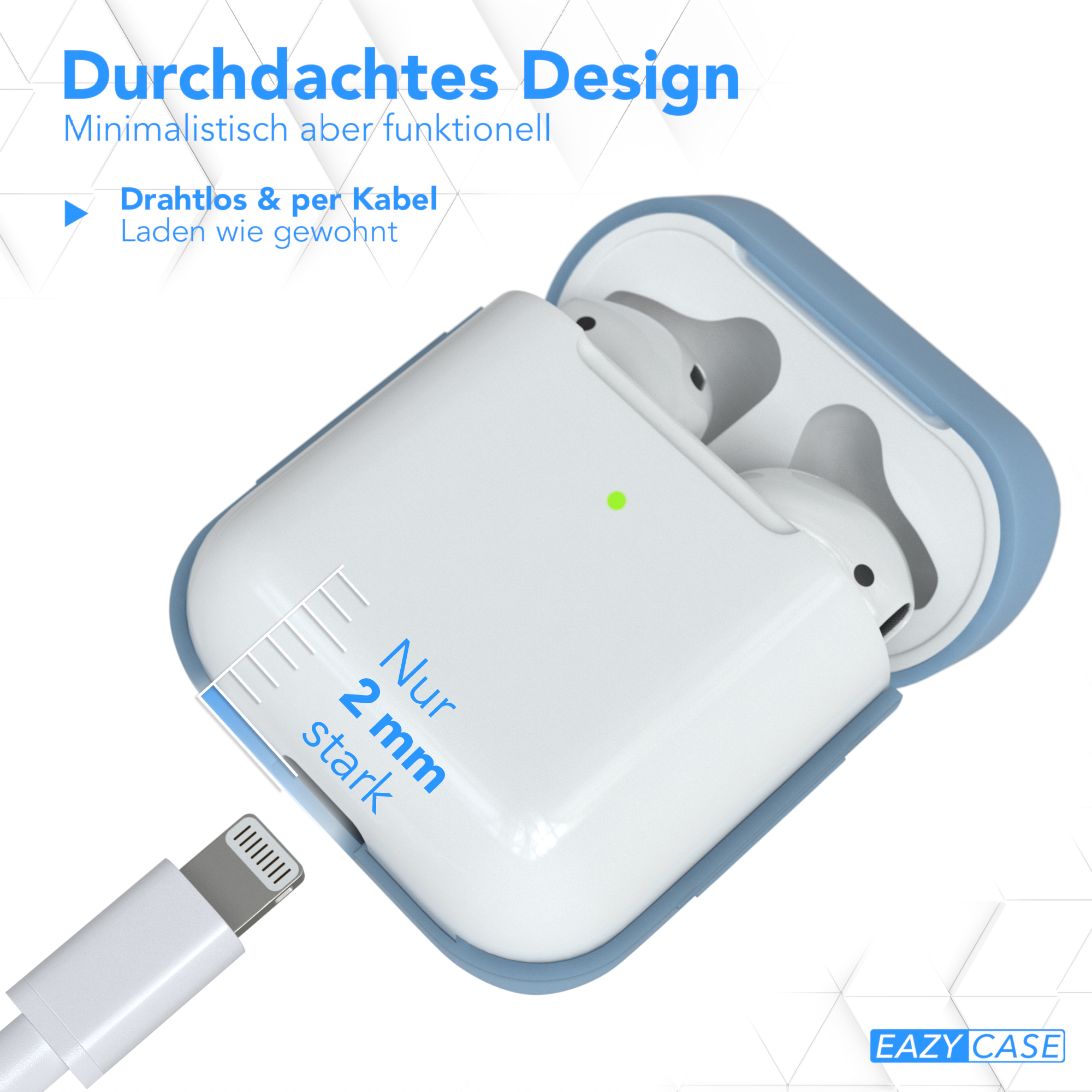 Offene AirPods-Hülle mit weißen AirPods darin, an ein Kabel angeschlossen, auf blauem Grund.