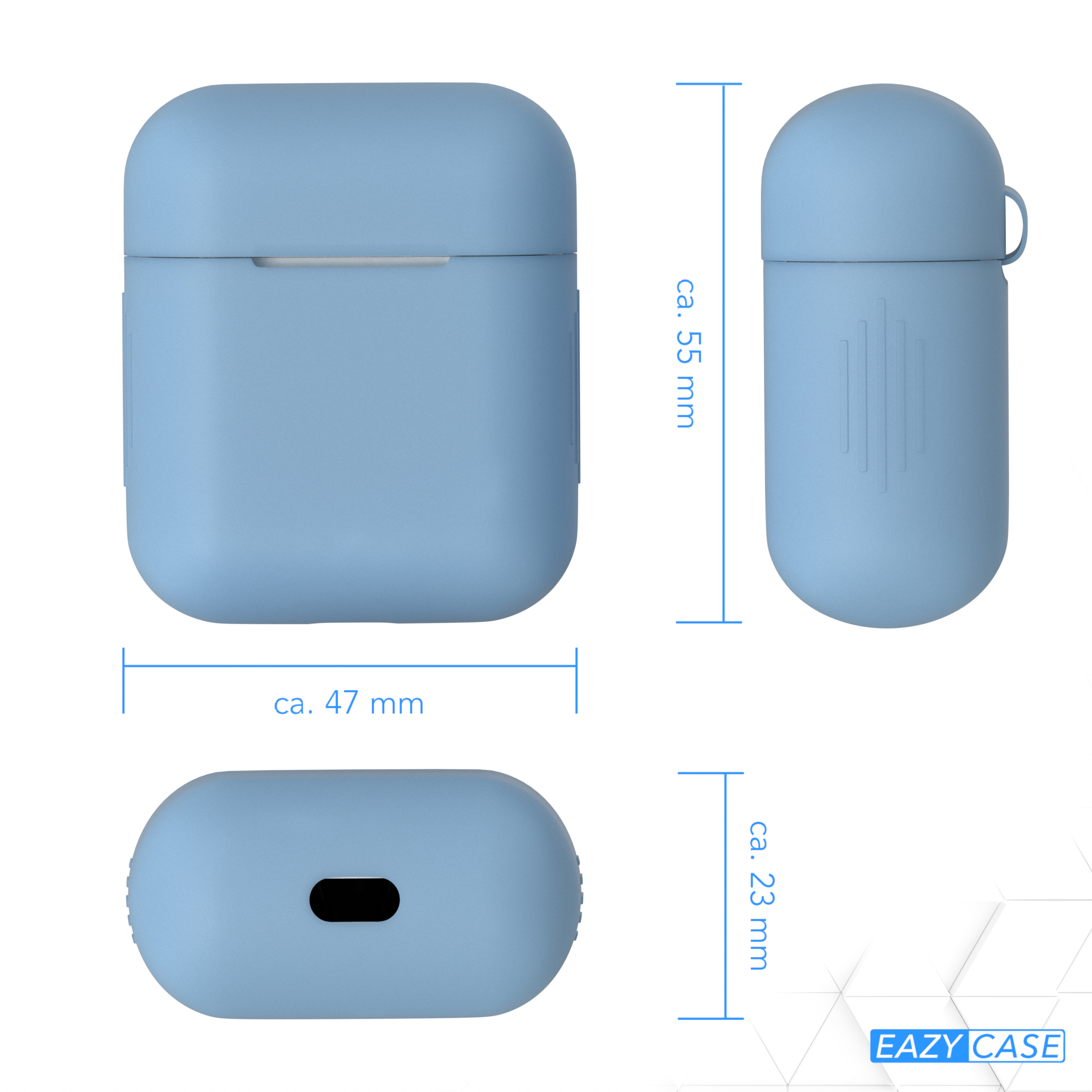 Hellblaue AirPods-Hülle. Abmessungen: 55 mm Höhe, 47 mm Breite und 23 mm Tiefe.