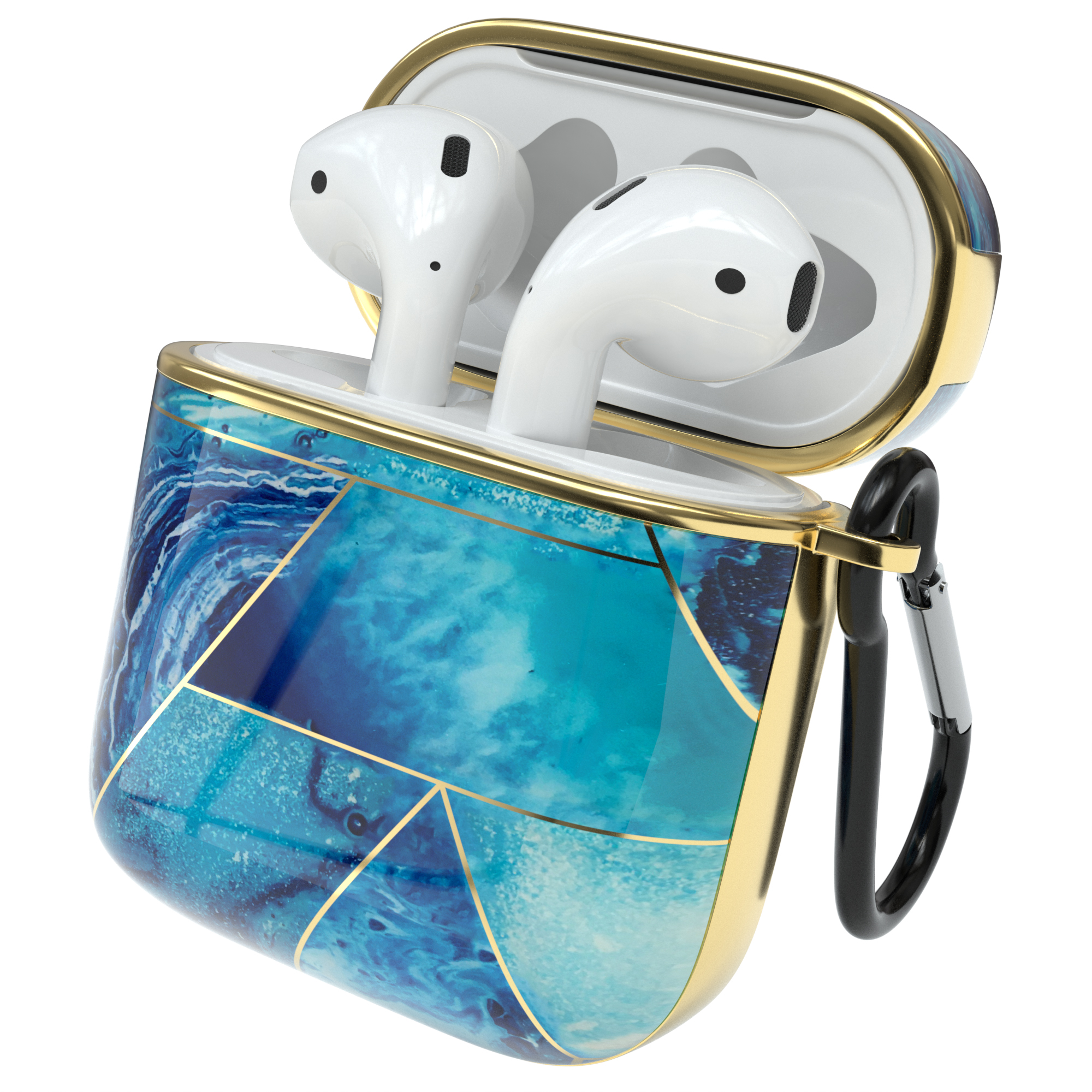 Geöffnete goldgeränderte AirPods-Hülle mit Marmordesign. Zwei weiße AirPods sind darin. Ein schwarzer Haken ist befestigt.