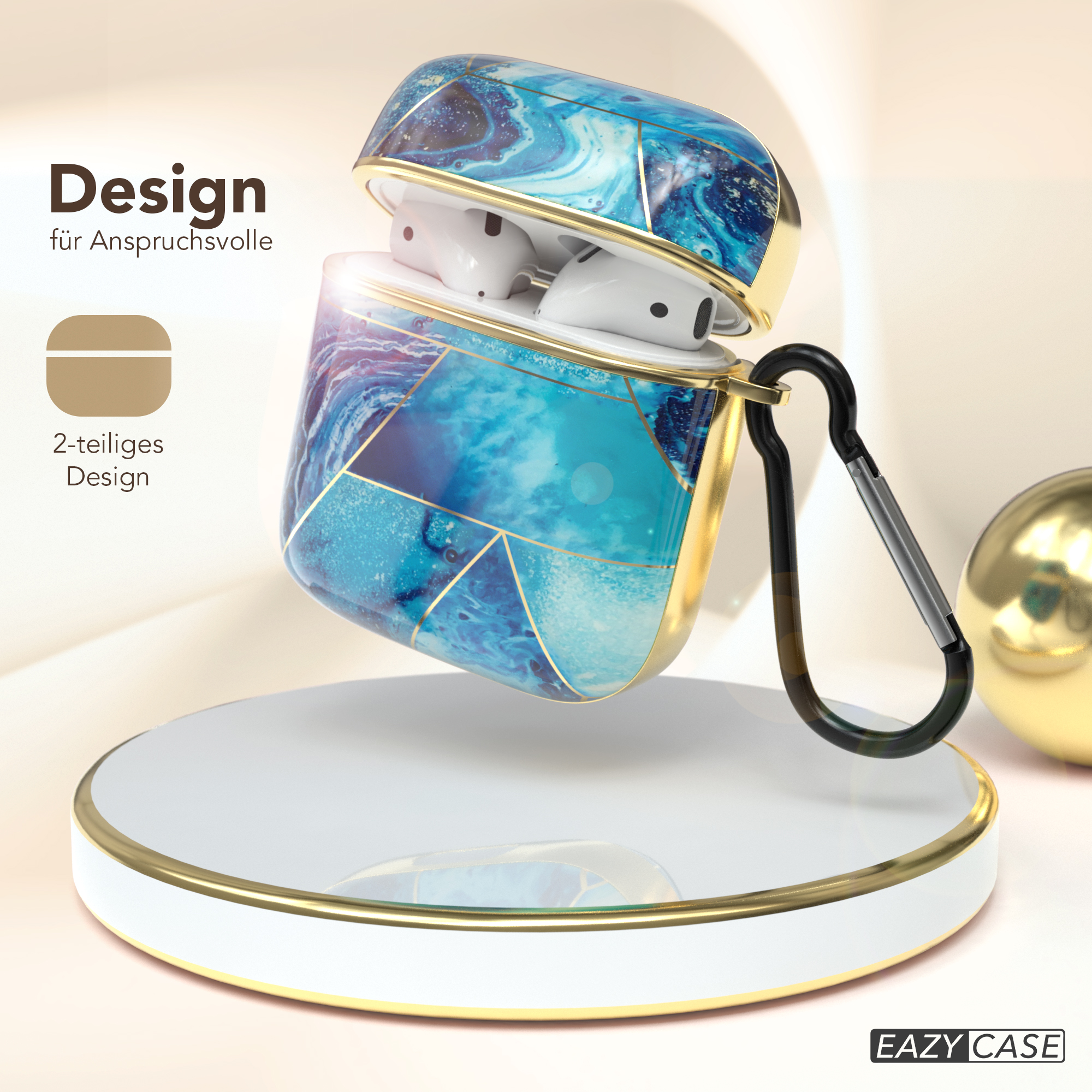 Kopfhörerhülle, blaues Marmordesign mit goldener Zierleiste, geöffnet auf einem weißen Ständer mit Goldring.