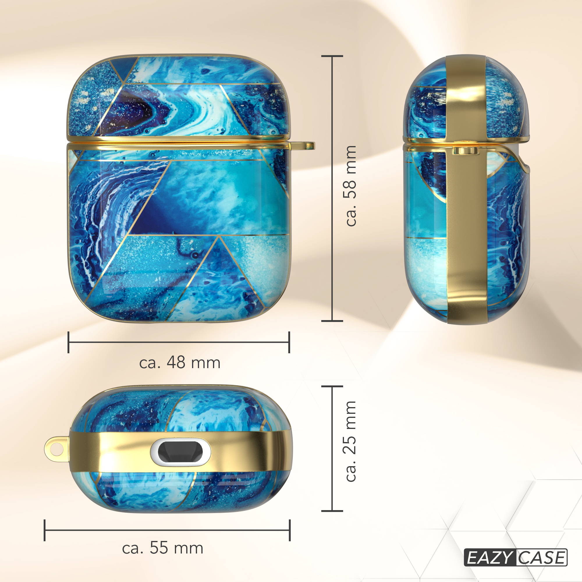 Blaues Marmormuster-AirPods-Etui mit Abmessungen. Es hat einen goldenen Streifen.