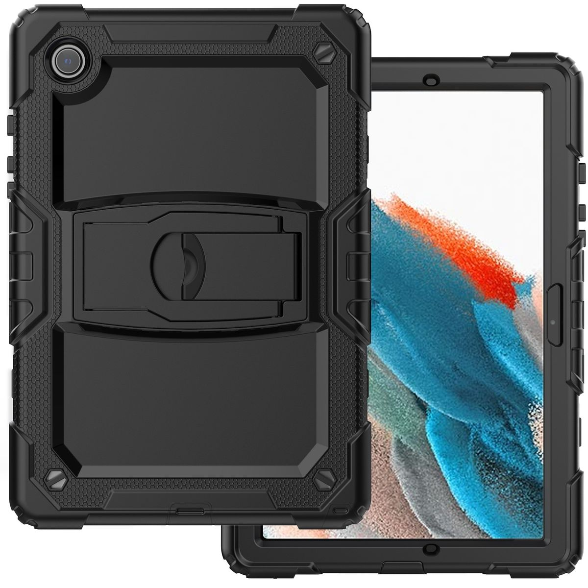 Schwarze Tablet-Hülle, robustes Design, Tablet darin. Schutz. Weißer Hintergrund.