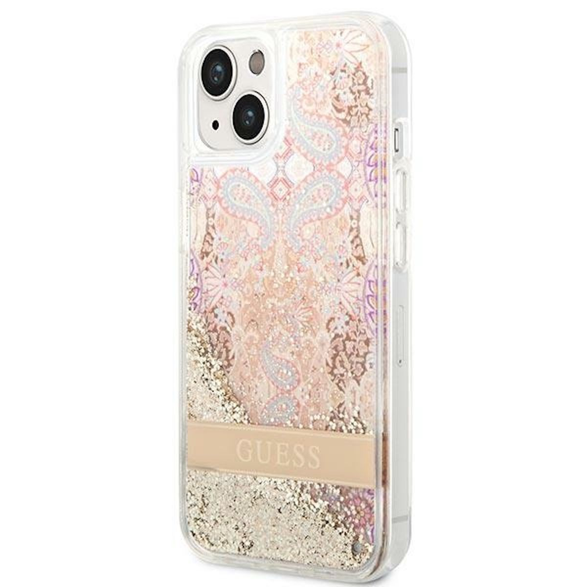 Una custodia per iPhone Guess con un design glitterato e il logo Guess. La custodia è nuova.