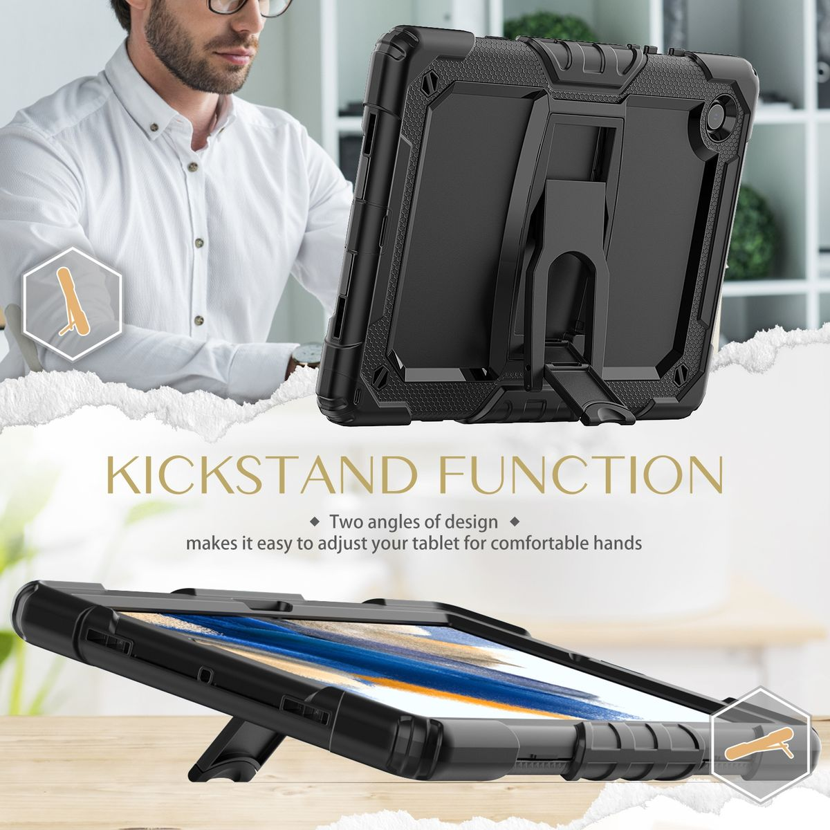 Eine schwarze Tablet-Hülle mit Kickstand-Funktion. Ein Mann ist im Hintergrund.