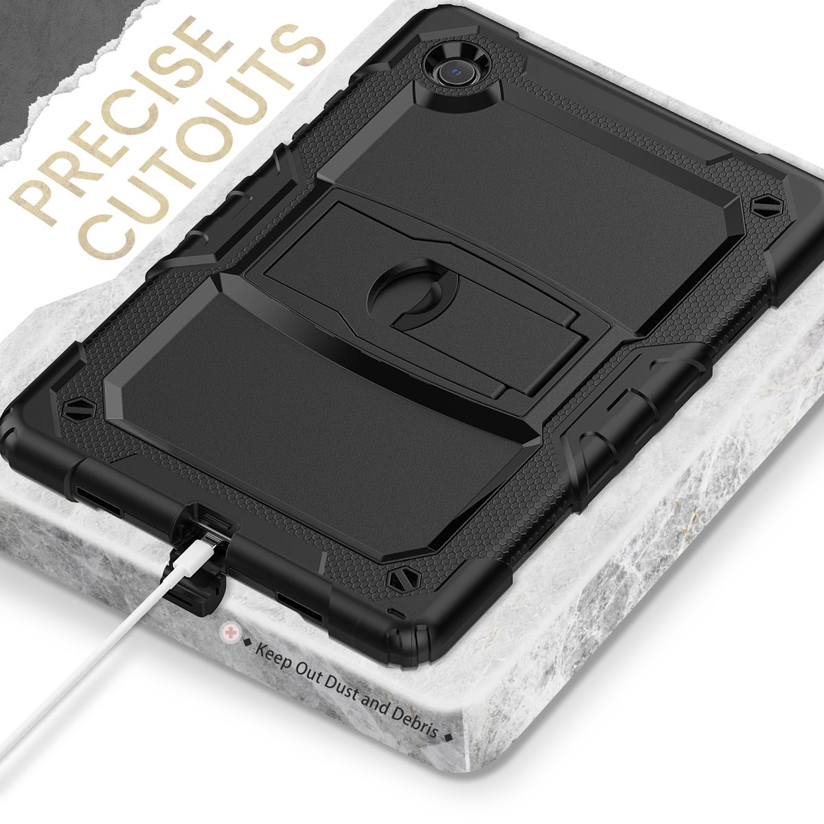 Ein schwarzes Tablet mit Schutzhülle, auf einem Ständer aufgestellt. Ein Ladekabel ist angeschlossen.