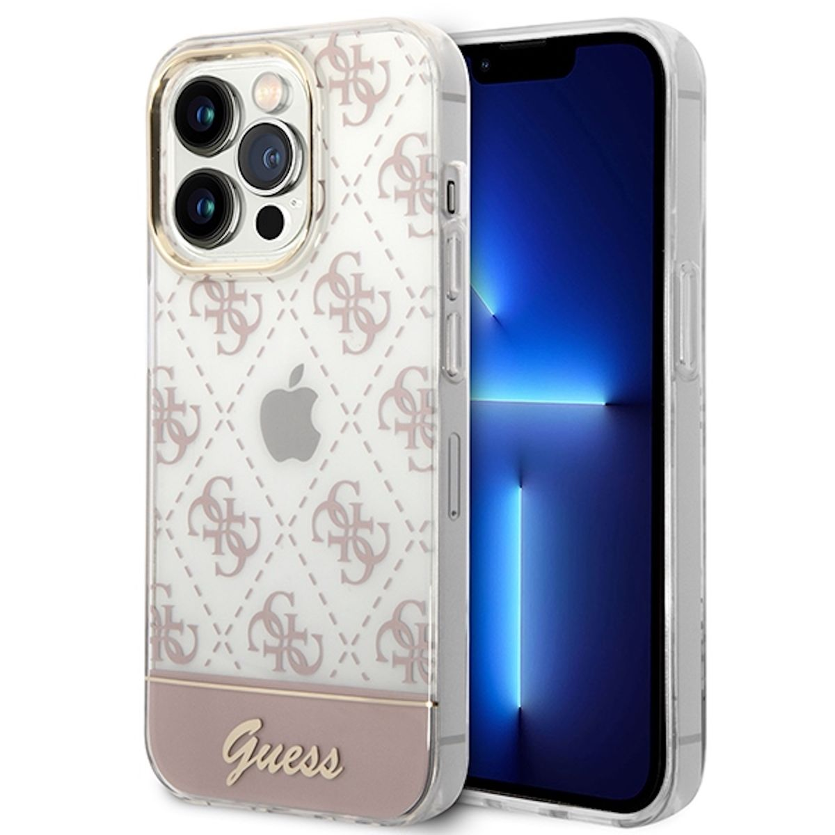 Apple, GUESS 14 Lila Script Pattern Backcover, 4G Hülle, iPhone Pro, Design Collection
