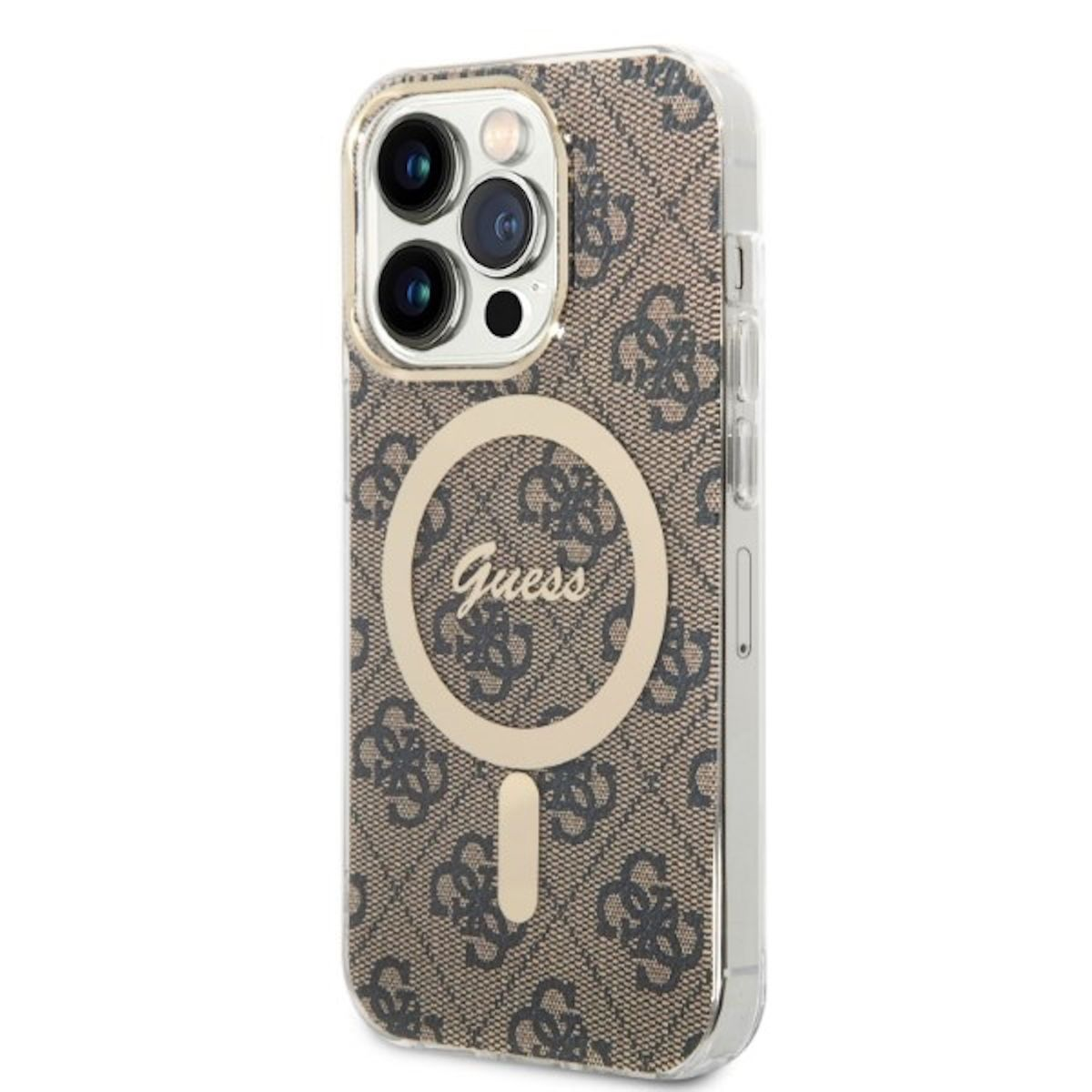 4G Design Hülle GUESS 14 & Print Backcover, Apple, Ladestation, iPhone Braun MagSafe Pro,