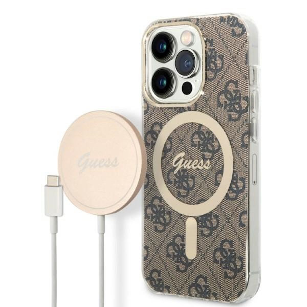 GUESS 4G Print MagSafe Ladestation, Backcover, 14 Pro, Hülle Apple, Design Braun & iPhone