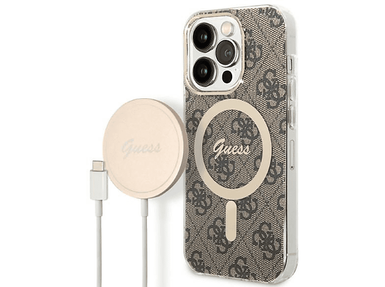 GUESS 4G Print MagSafe Design Hülle & Ladestation, Backcover, Apple, iPhone 14 Pro, Braun