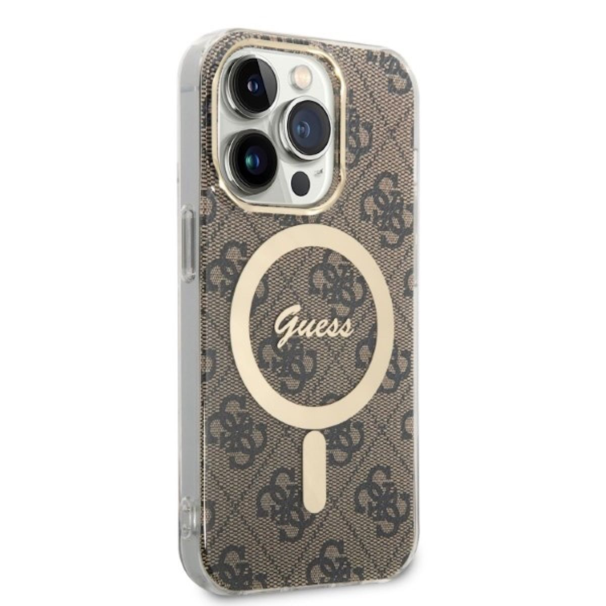 Braune Guess-Handyhülle mit Logomuster, goldenem Kreis und Kameraausschnitt.