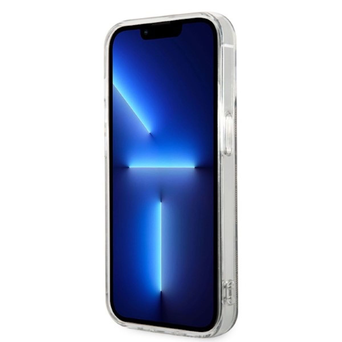 Transparente Handyhülle mit Telefon, das einen blauen Farbverlaufshintergrund zeigt.