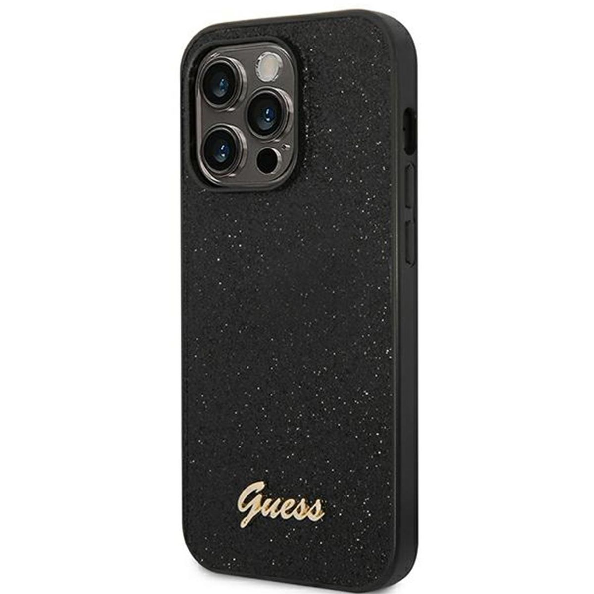 Eine schwarze Handyhülle mit Glitzer und dem Wort 'Guess' unten.