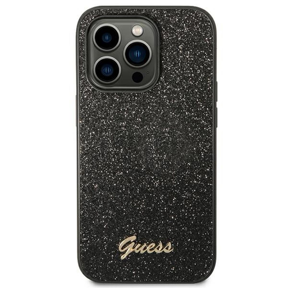 Schwarze Handyhülle mit Glitzer. Guess-Logo in Gold. Drei Kameralinsen.