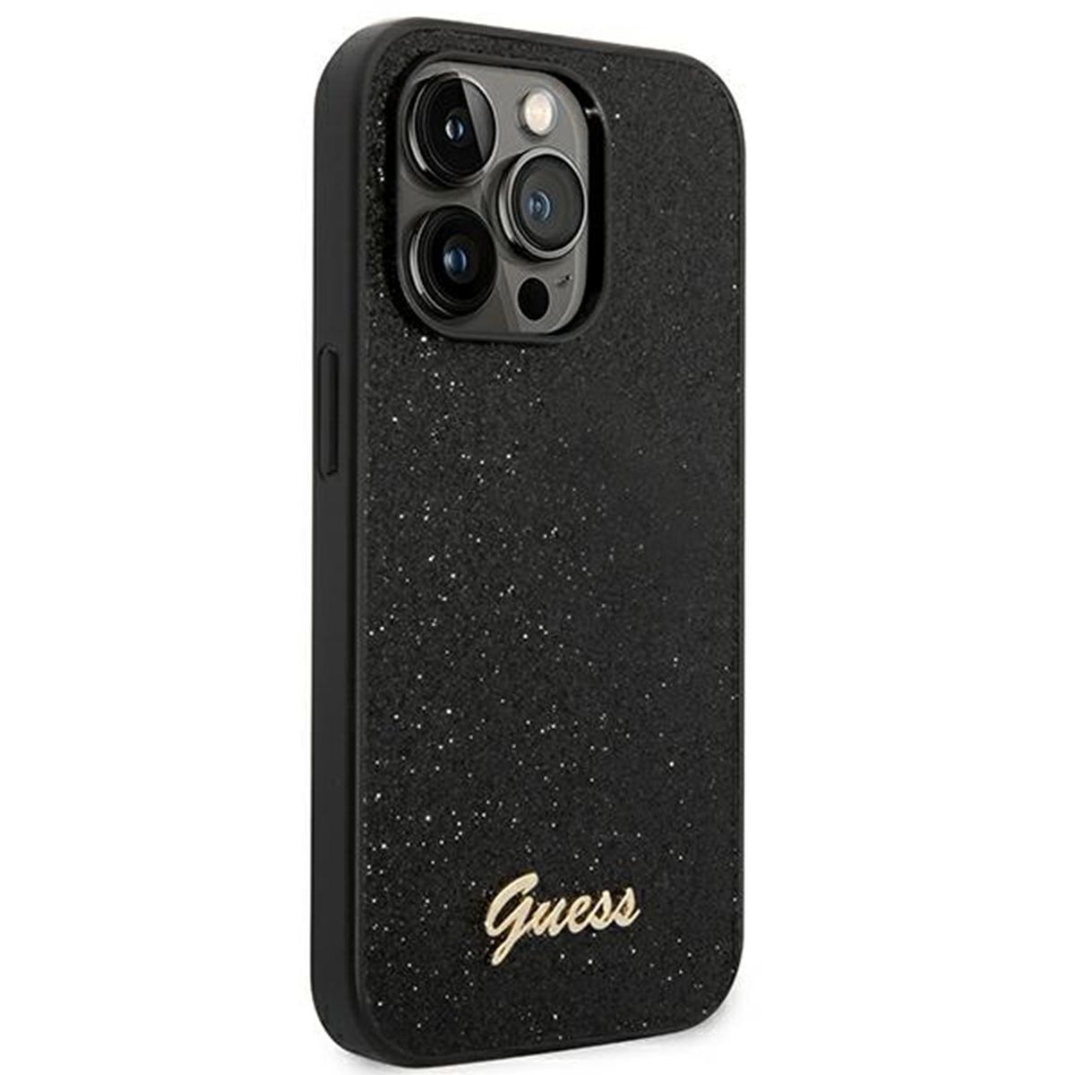 Schwarze Handyhülle mit Glitzer und dem Wort „Guess“ in Gold.
