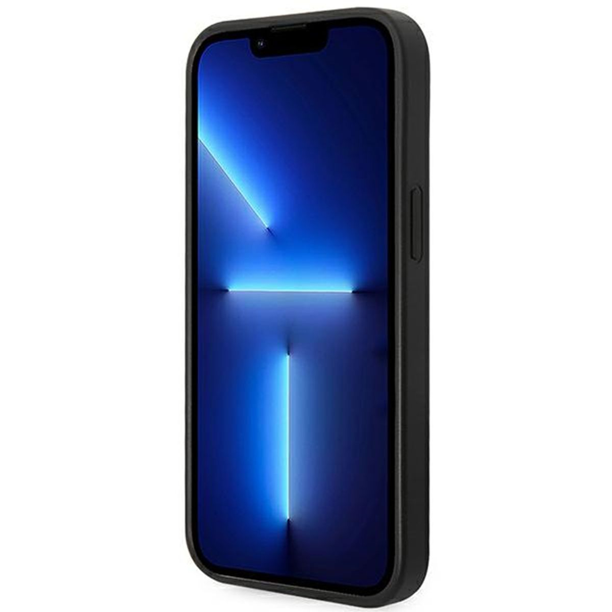 Schwarzes Telefon in einer schwarzen Hülle. Der Bildschirm hat eine blaue Lichtanzeige. Das Telefon ist zentriert.